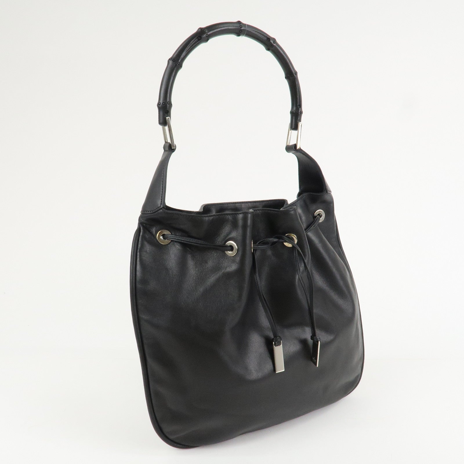 GUCCI Drawstring Leather Shoulder Bag Hand Bag Black 001.4033 Used