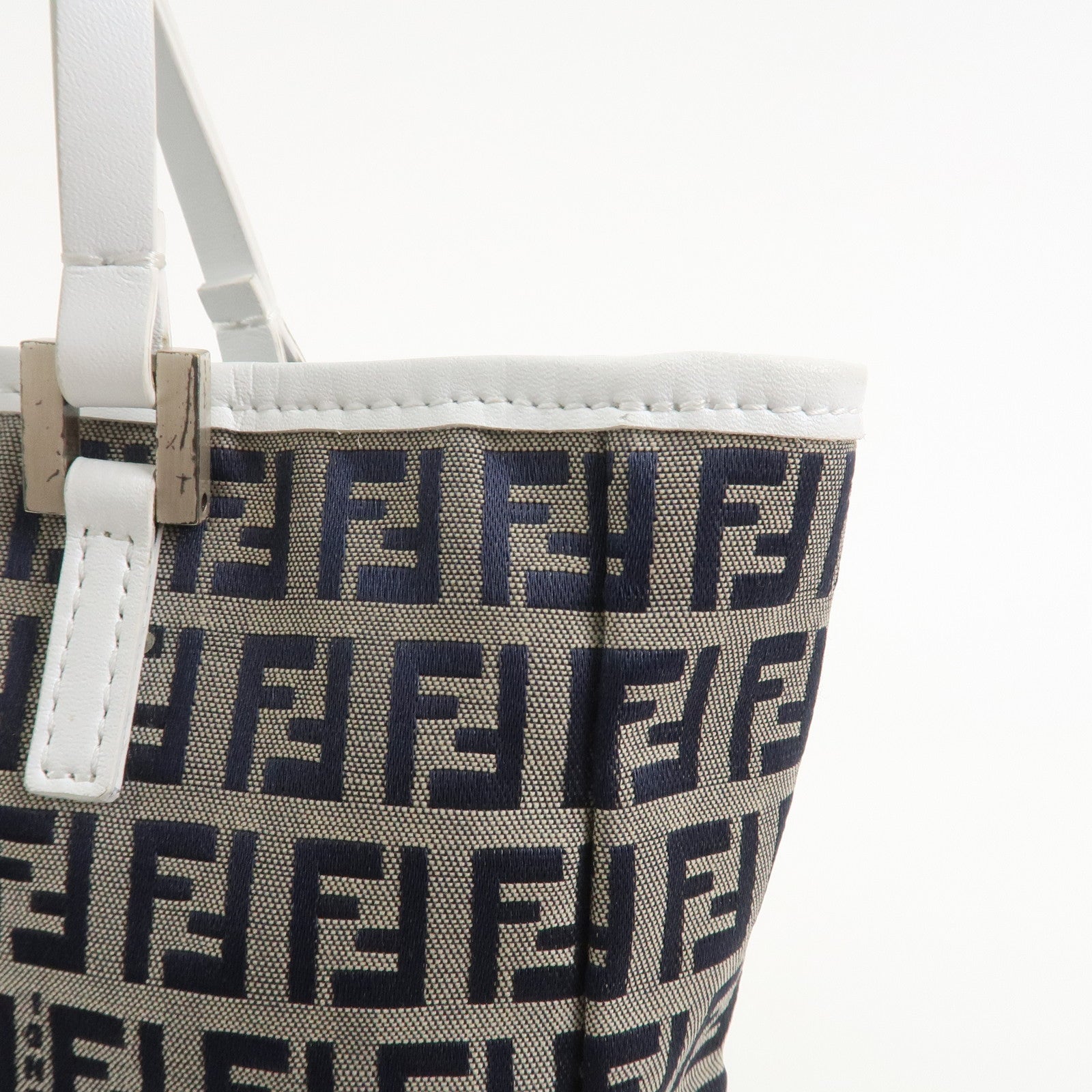 FENDI Zucchino Canvas Leather Tote Bag Hand Bag Navy 8BH006