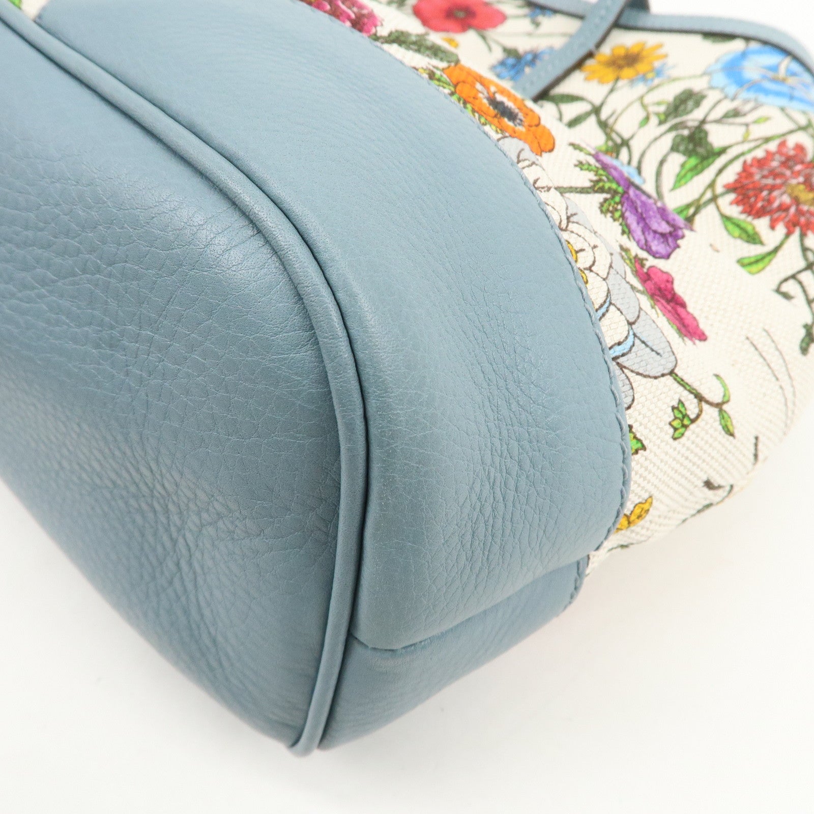 GUCCI Flora Canvas Leather Tote Bag Hand Bag Natural Blue 358470