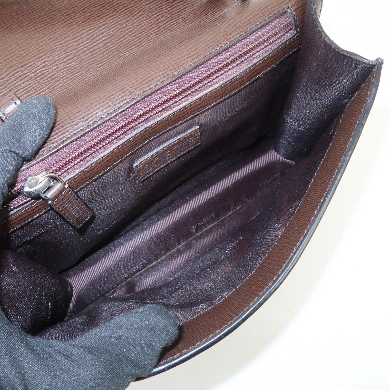 LOEWE Leather Clutch Bag Brown Silver HDW