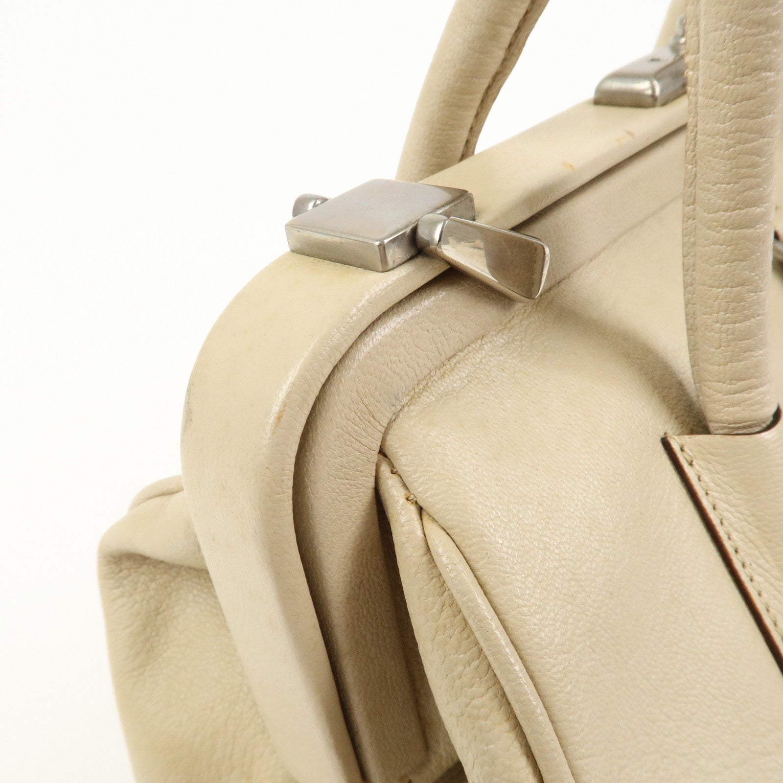 PRADA Leather Doctors Bag Hand Bag Beige Silver