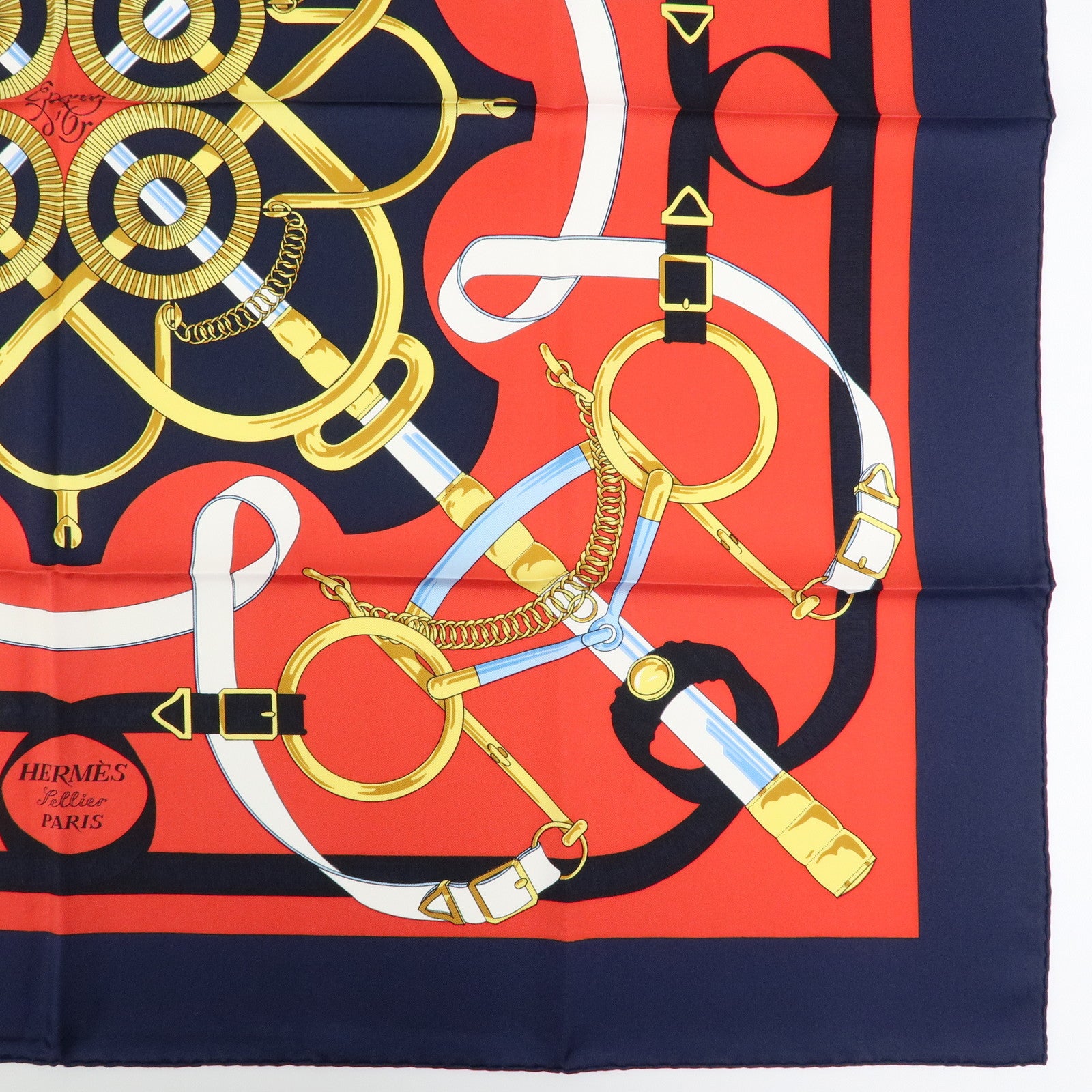 HERMES Carre 90 Silk 100% Scarf Eperon d'or Navy Red Gold