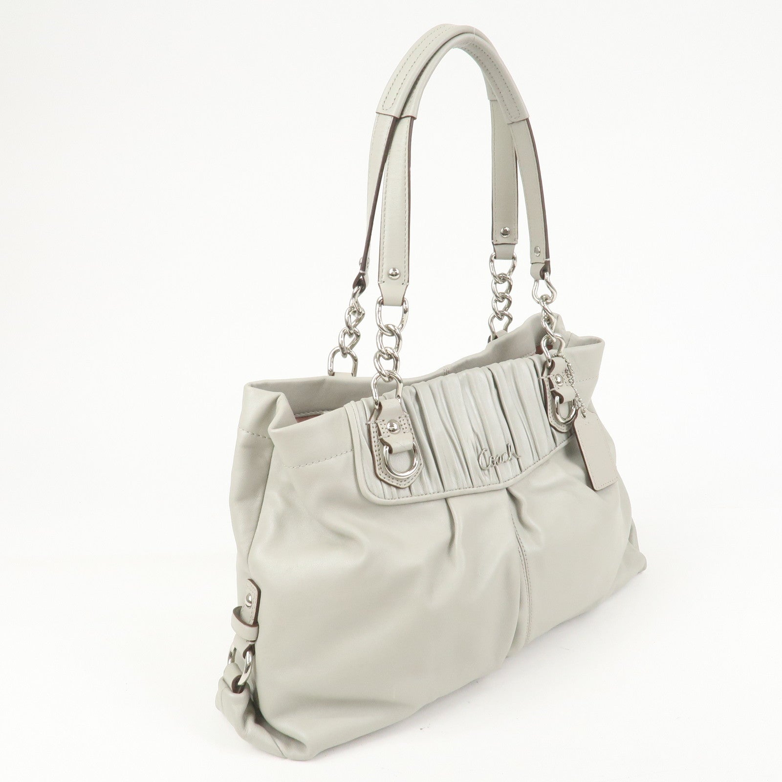 COACH Logo Leather Shoulder Bag Hand Bag Gray Silver