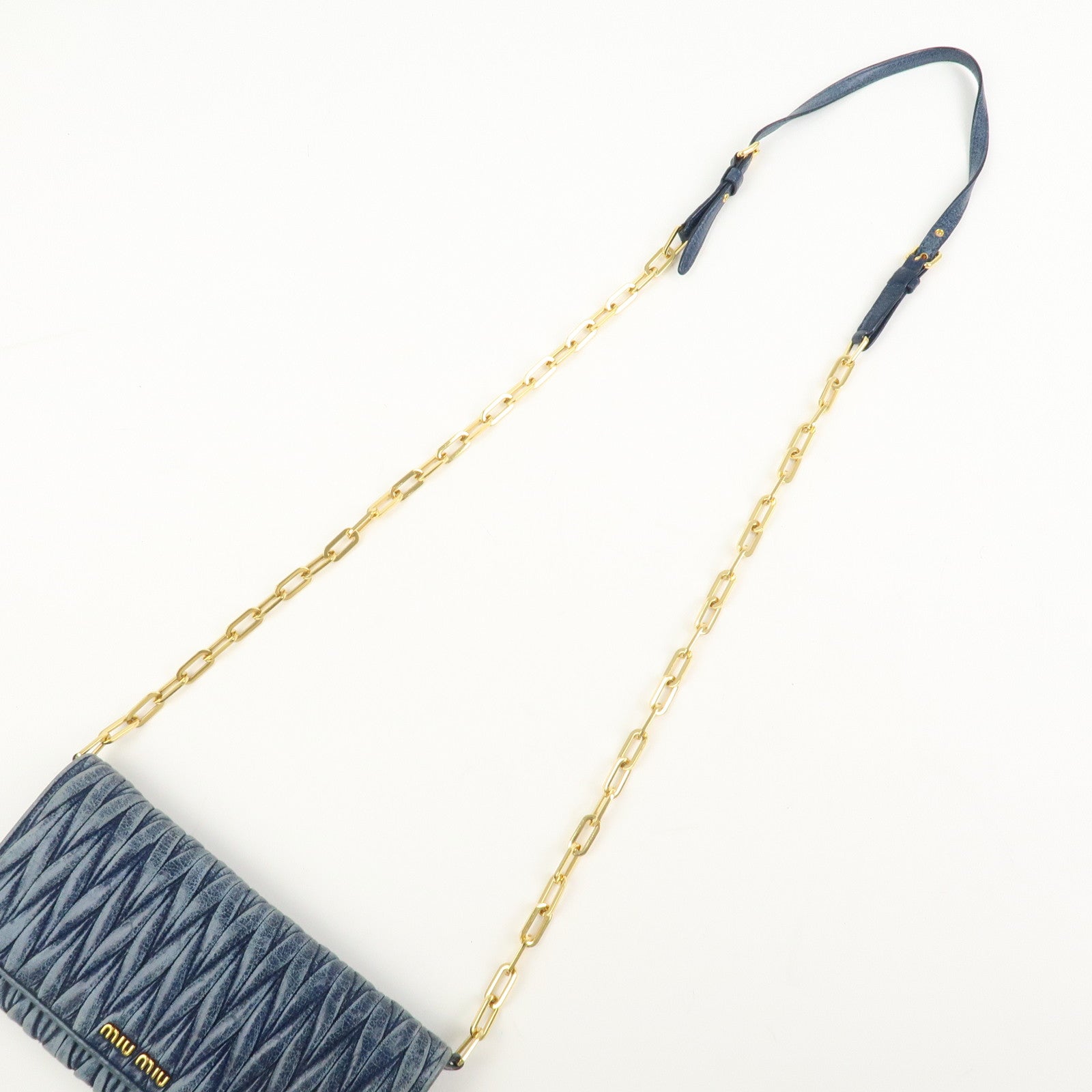 MIU MIU Matelasse Logo Leather Chain Shoulder Wallet Blue 5M1290