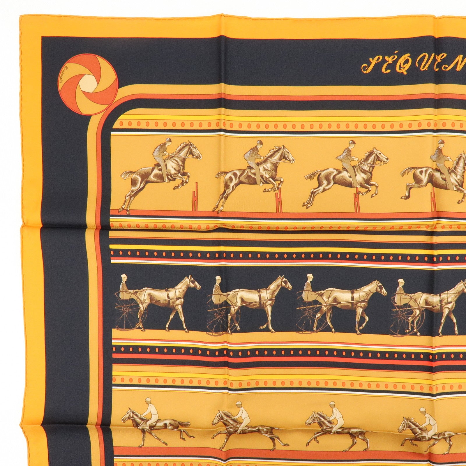 HERMES Carre 90 Silk 100% Scarf SEQUENCES Horse Print Orange Black