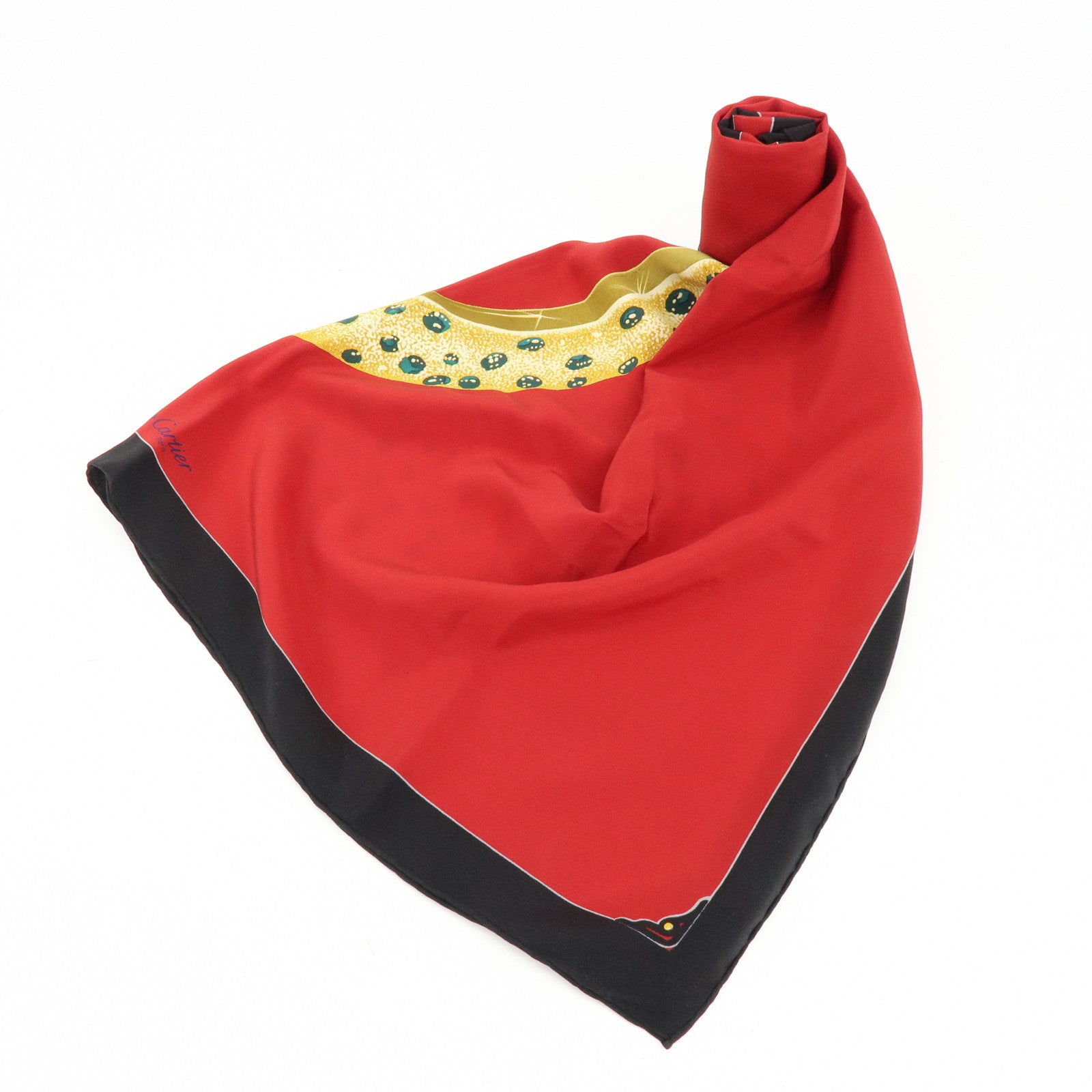 Cartier Silk 100% Scarf Ring Panthere Red Black