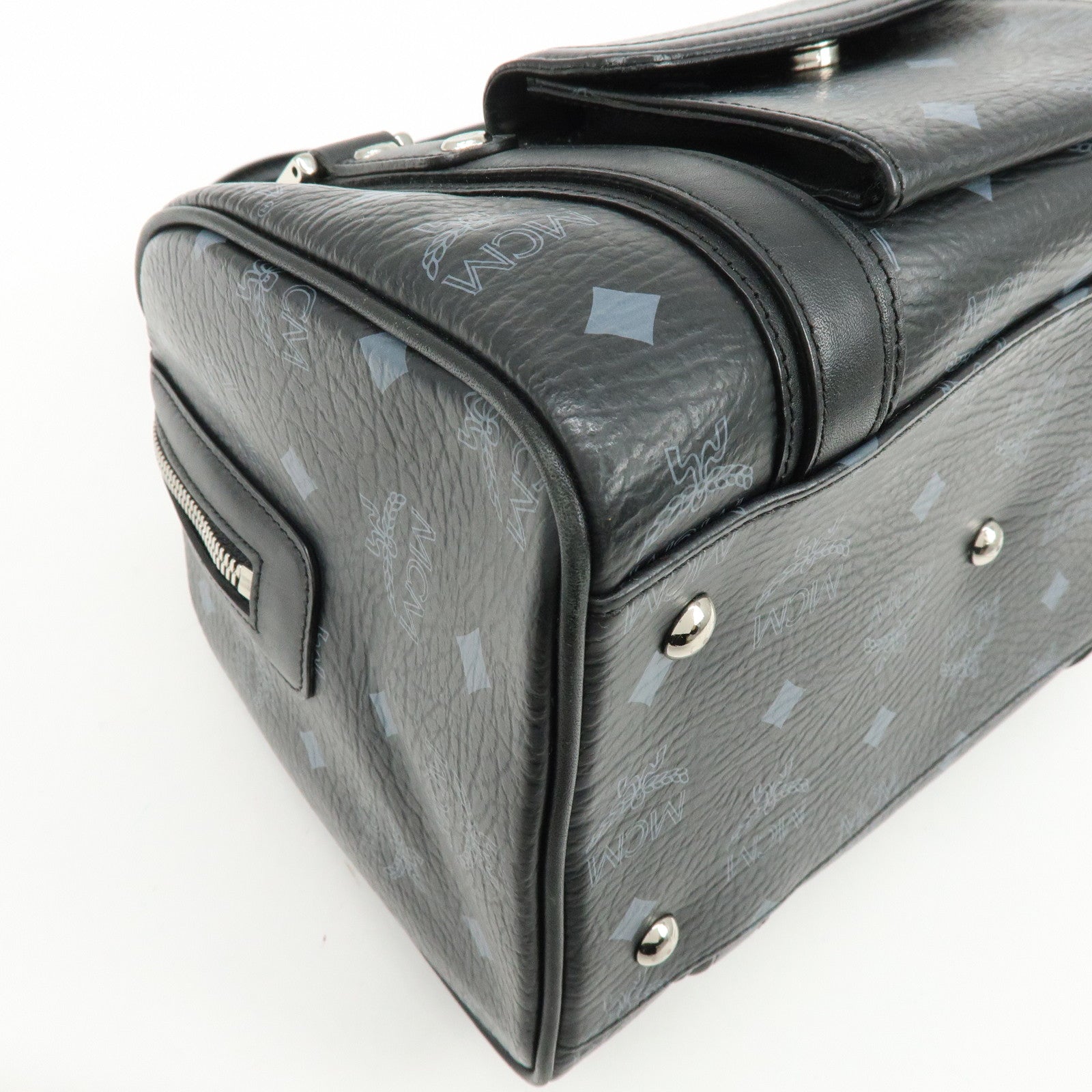 MCM Visetos PVC Leather Boston Bag Hand Bag Black