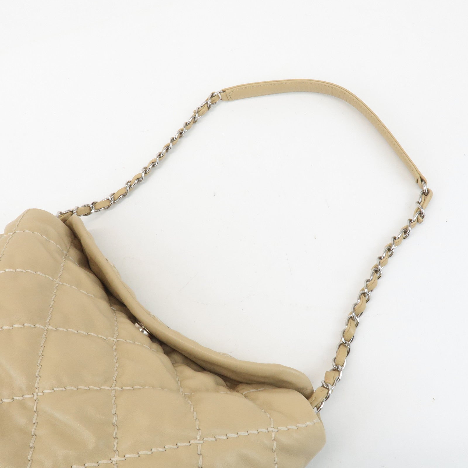 CHANEL Wild Stitch Lamb Skin Chain Shoulder Bag Hand Bag Beige Used