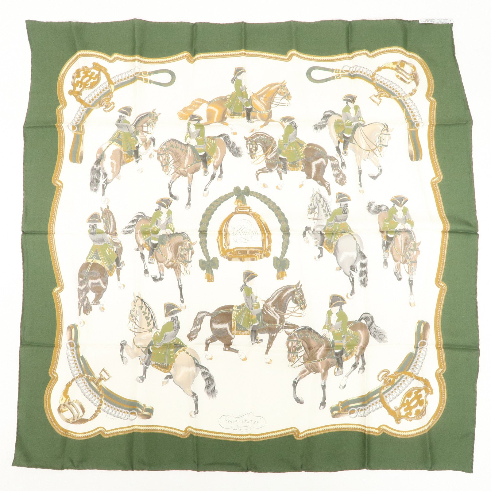 HERMES Carre 90 Silk 100% Scarf REPRISE Brown Khaki White Used