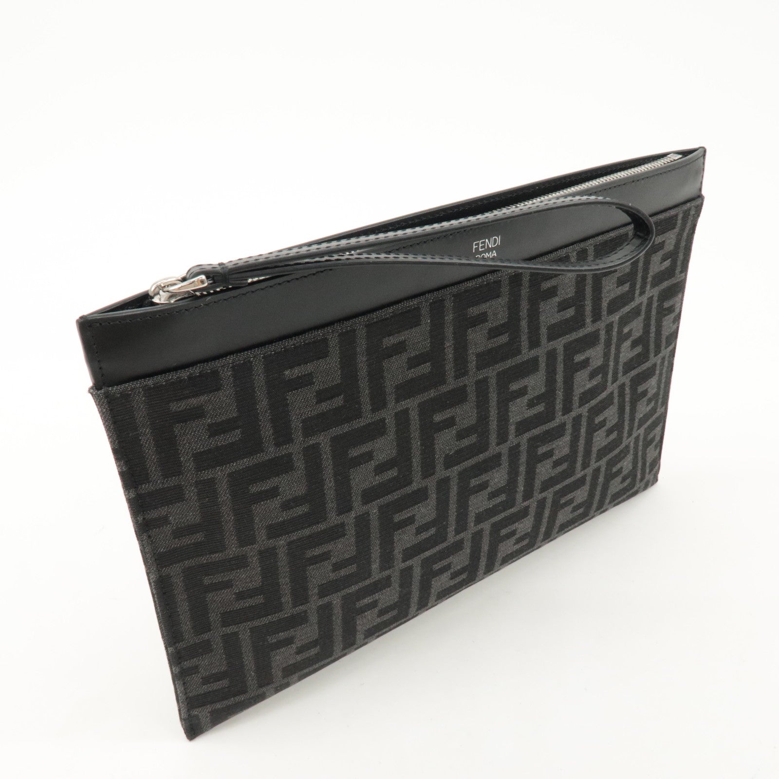 FENDI Zucca Leather Canvas Slim Clutch Medium Black Gray 7N0134 Used