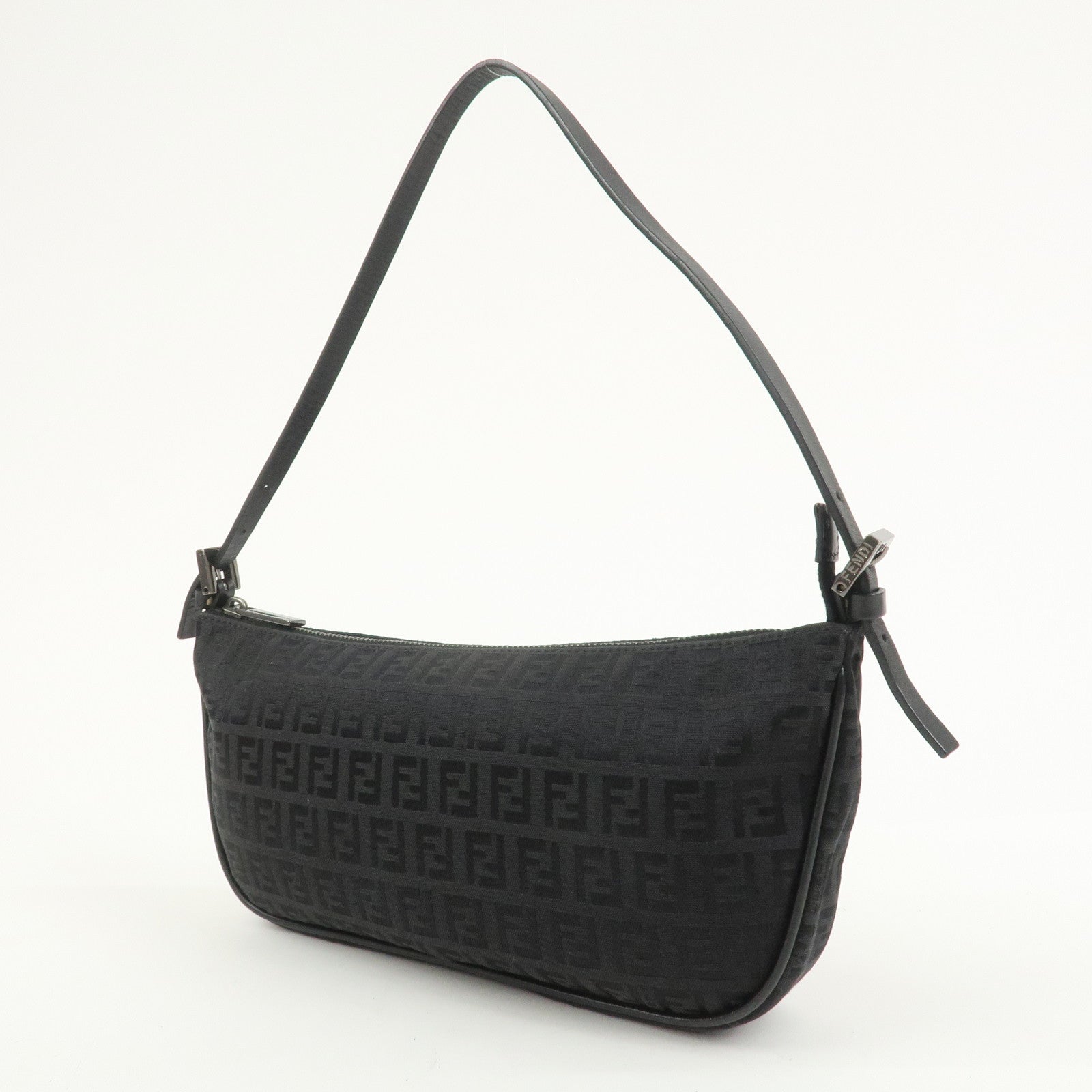FENDI Zucchino Canvas Leather Shoulder Bag Hand Bag Black