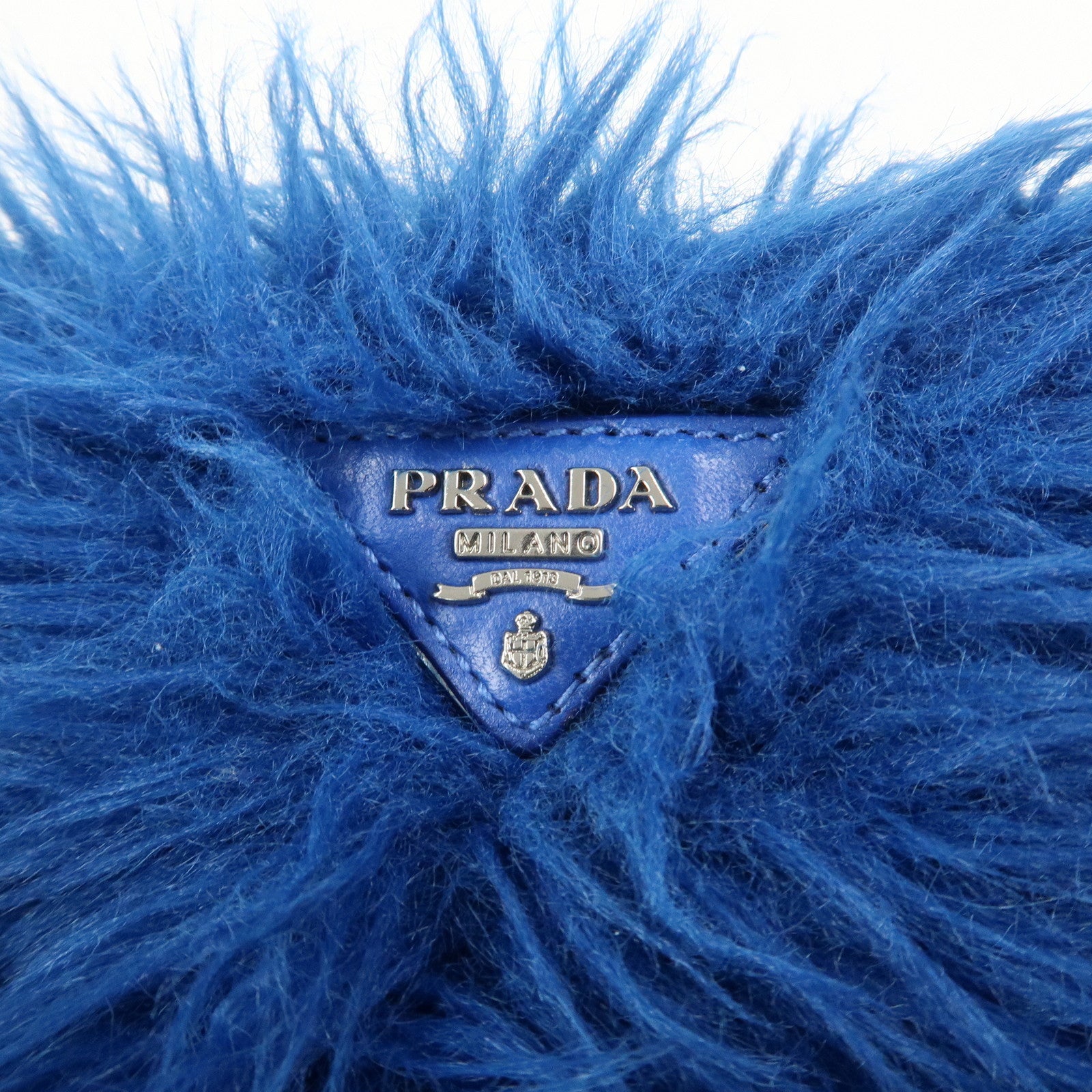 PRADA Triangle Logo Faux Fur Clutch Bag Flat Pouch Blue 1N1530