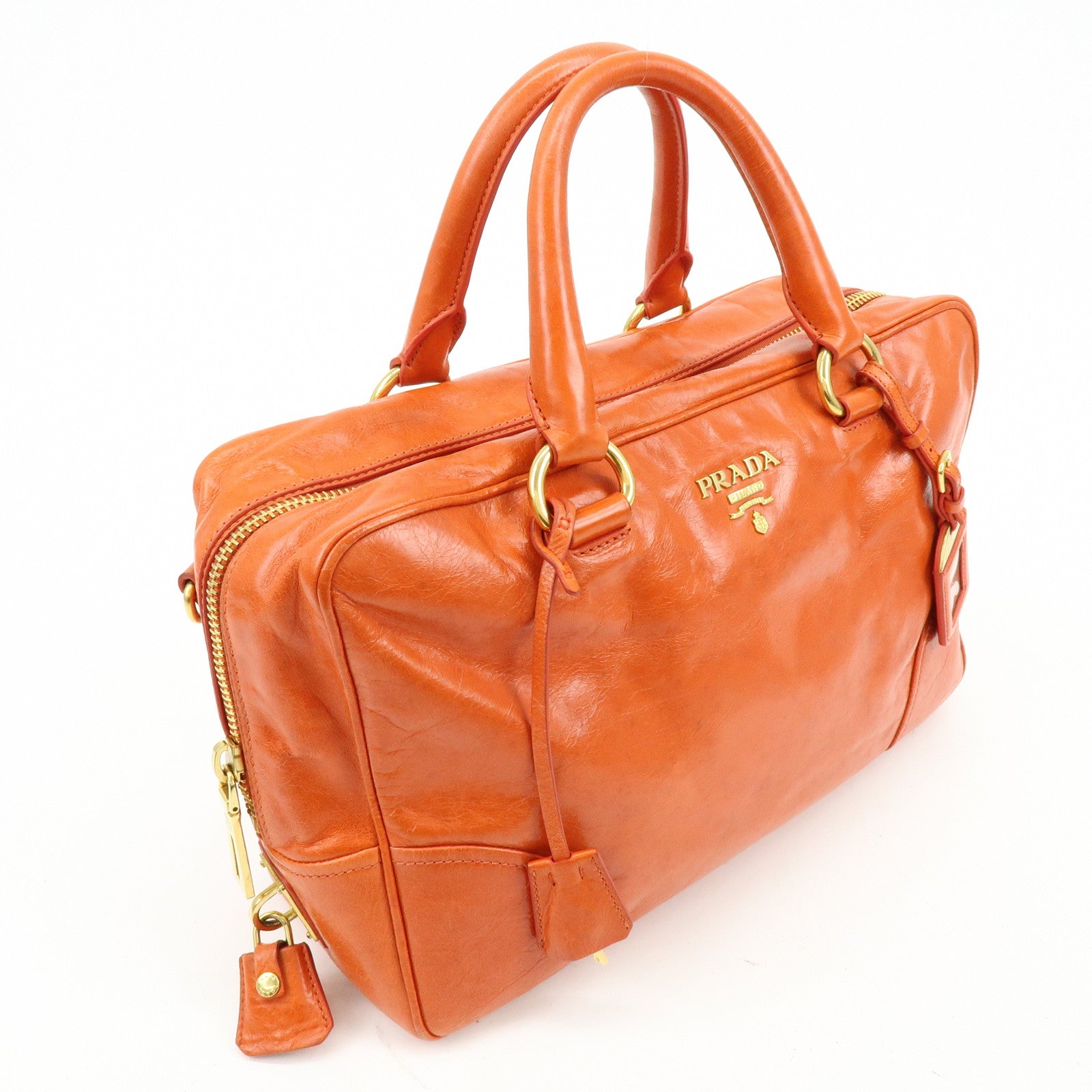 PRADA Logo Leather Boston Bag Hand Bag Shoulder Bag Orange BL0821