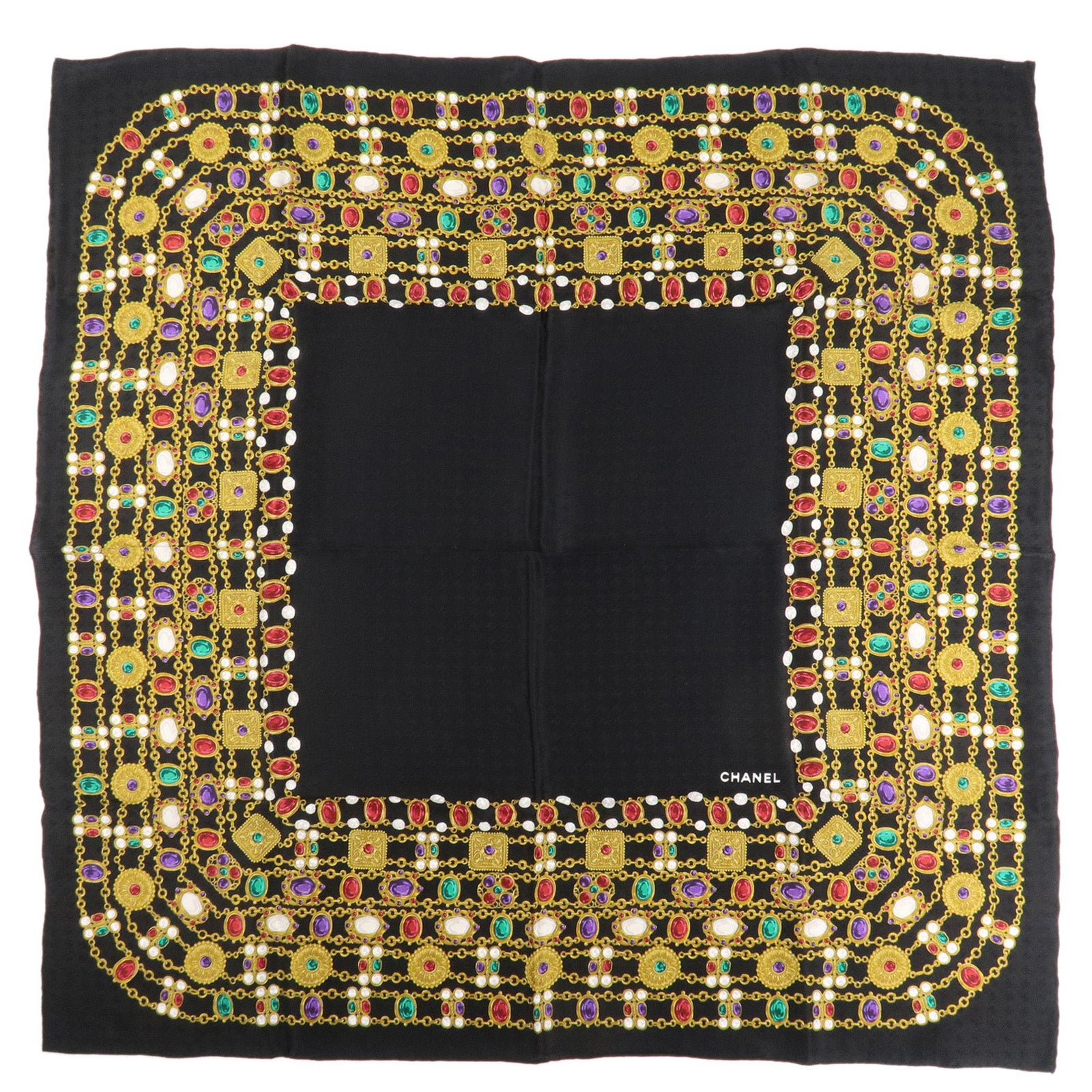CHANEL COCO Mark Silk 100 % Jewelry Pattern Scarf Black Multi Color Used