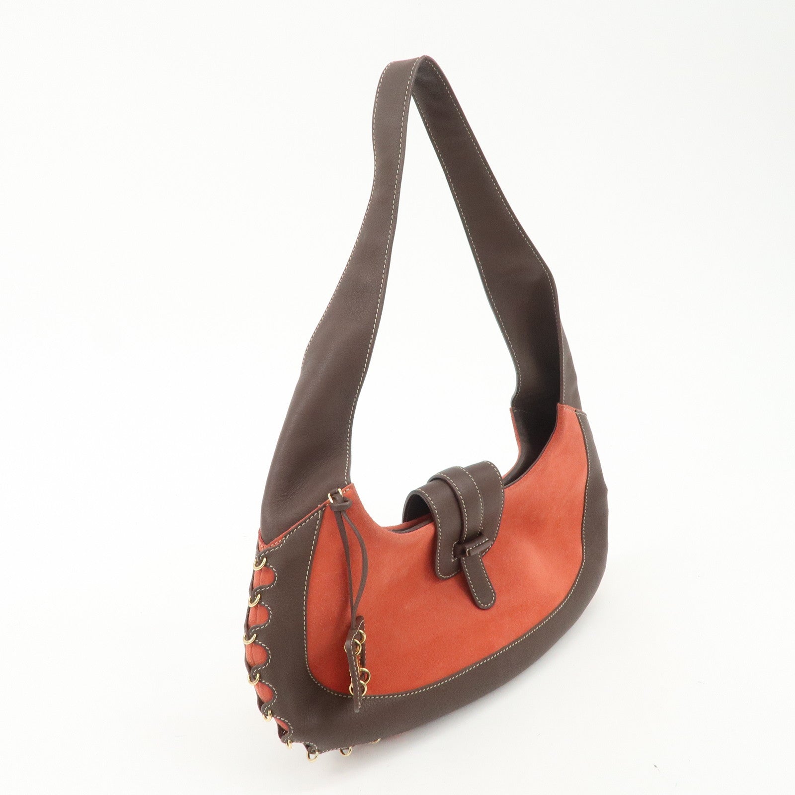 LOEWE Leather Suede Shoulder Bag Hand Bag Brown Red Gold HDW