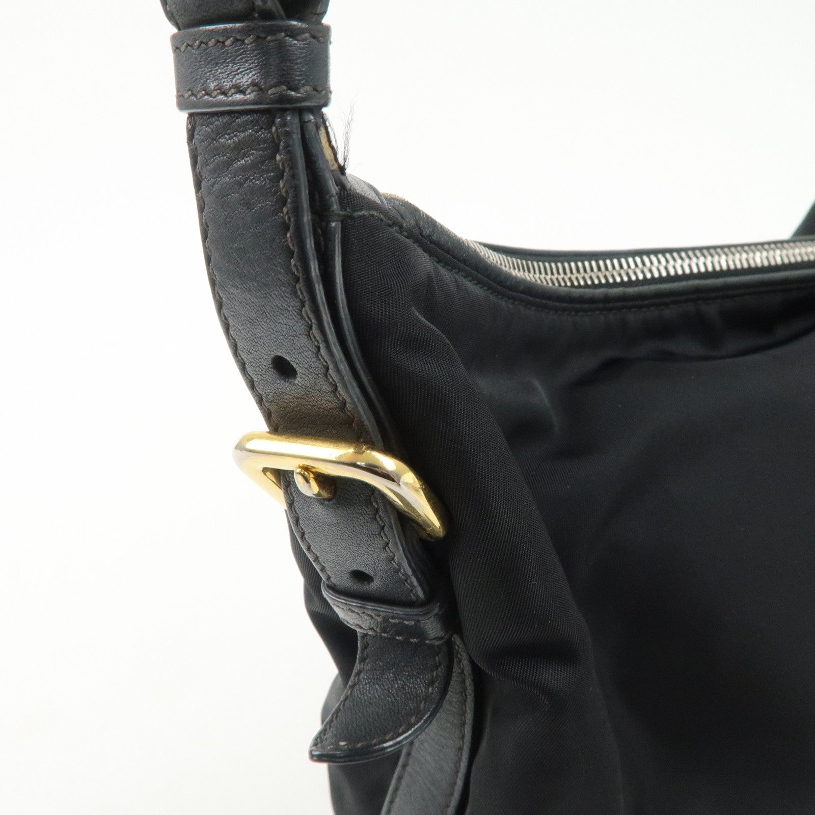 PRADA Triangle Logo Leather Nylon Shoulder Bag Black