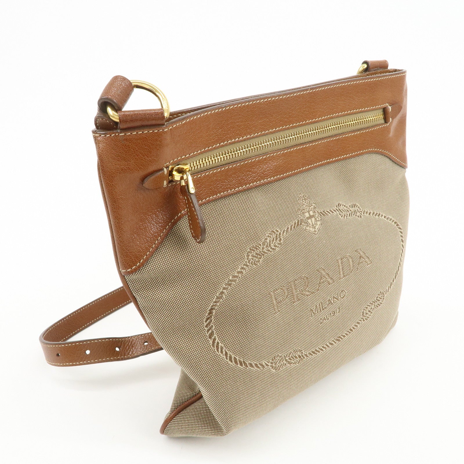 PRADA Logo Jacquard Leather Shoulder Bag Crossbody Bag Beige Brown
