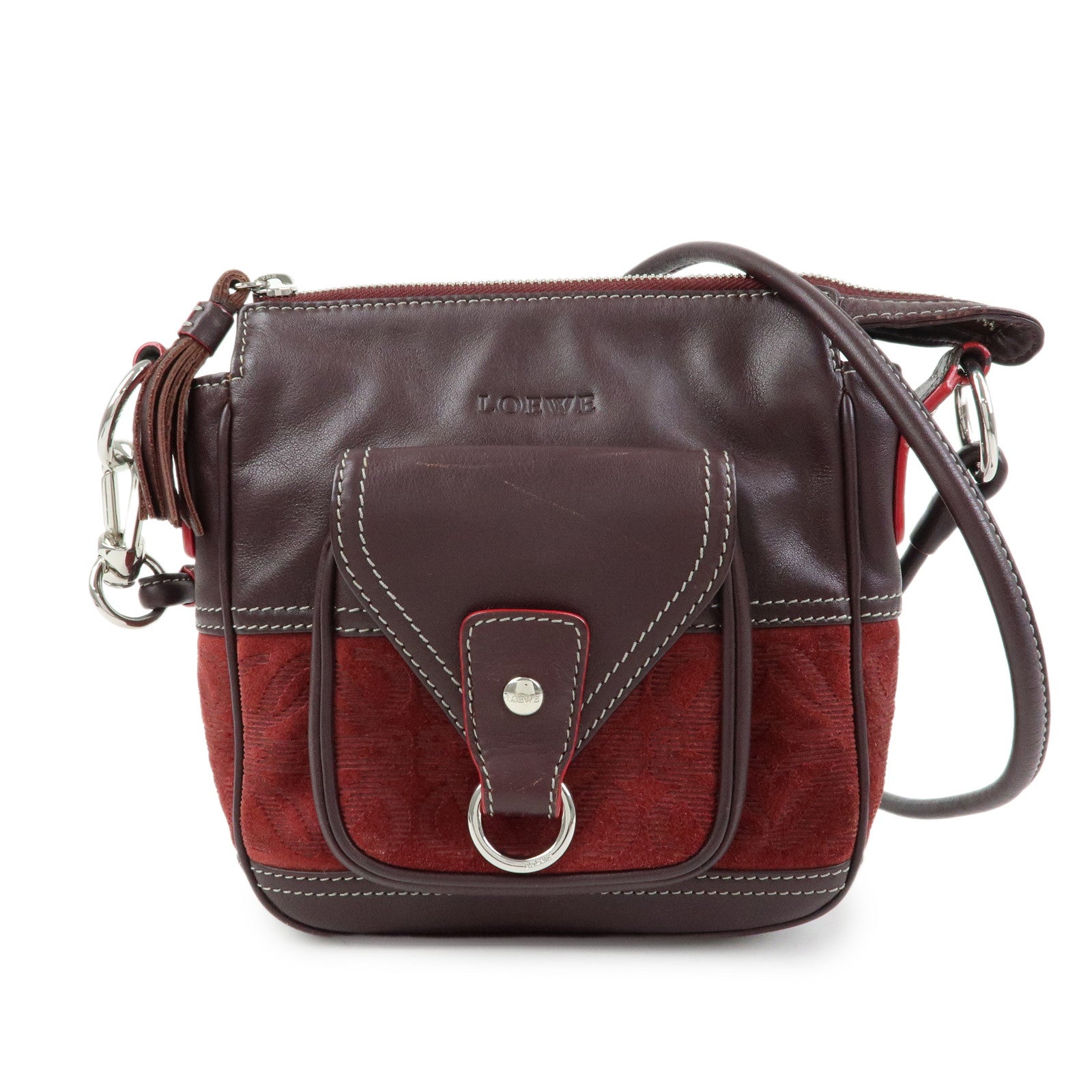 LOEWE Anagram Suede Leather Shoulder Crossbody Bag Bordeaux