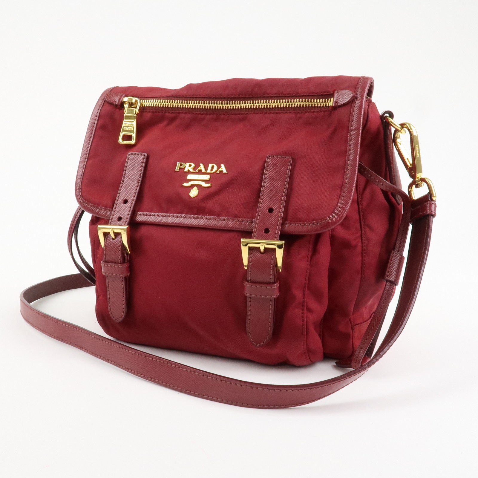 PRADA Logo Nylon Leather Shoulder Bag Crossbody Bag Bordeaux BT0692 Used