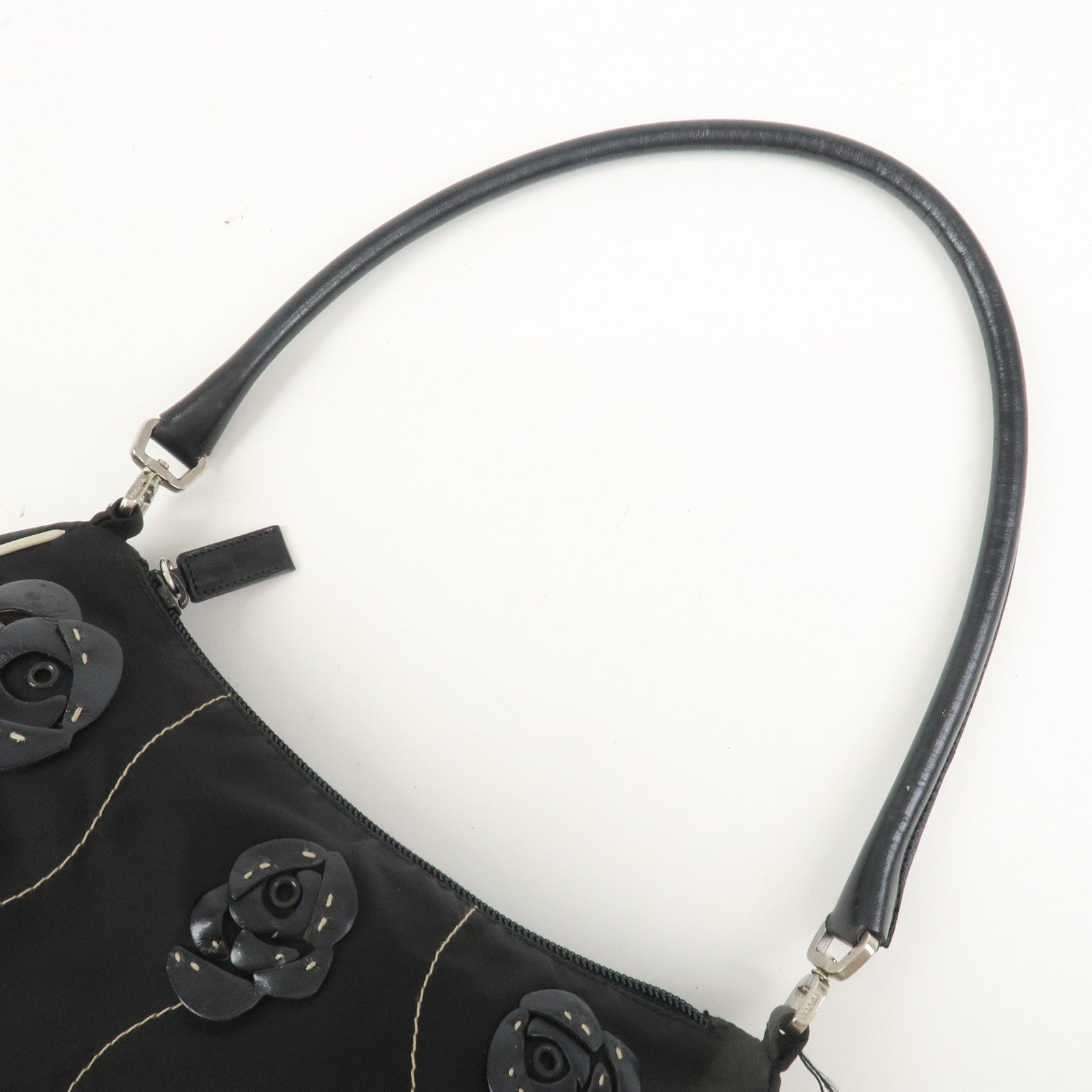 PRADA Nylon Leather Shoulder Bag Hand Bag Flower Motif Black