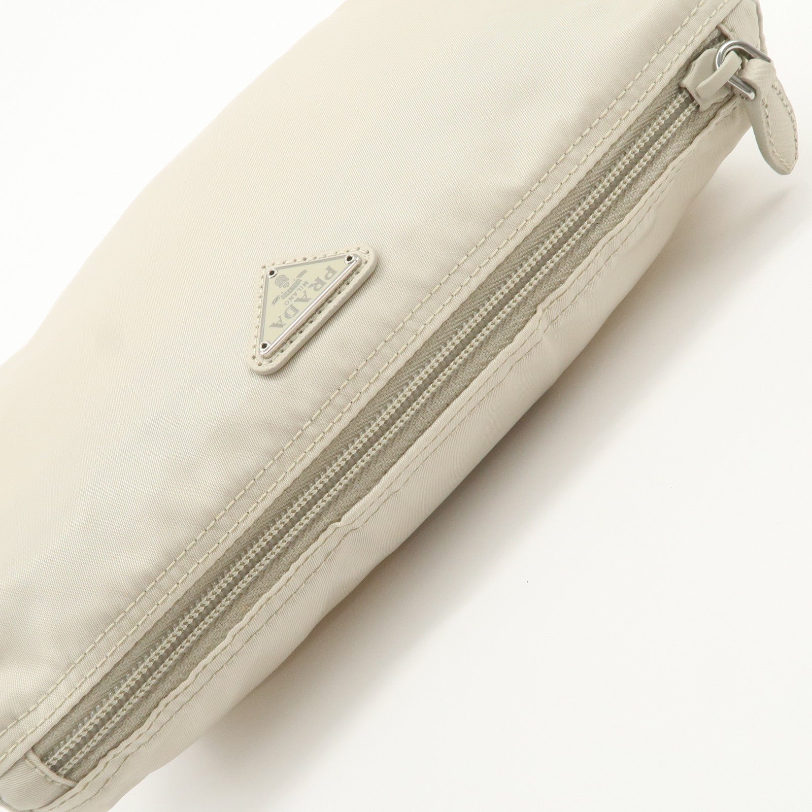 PRADA Triangle Logo Nylon Cosmetic Pouch Makeup Bag Ivory 1NA012