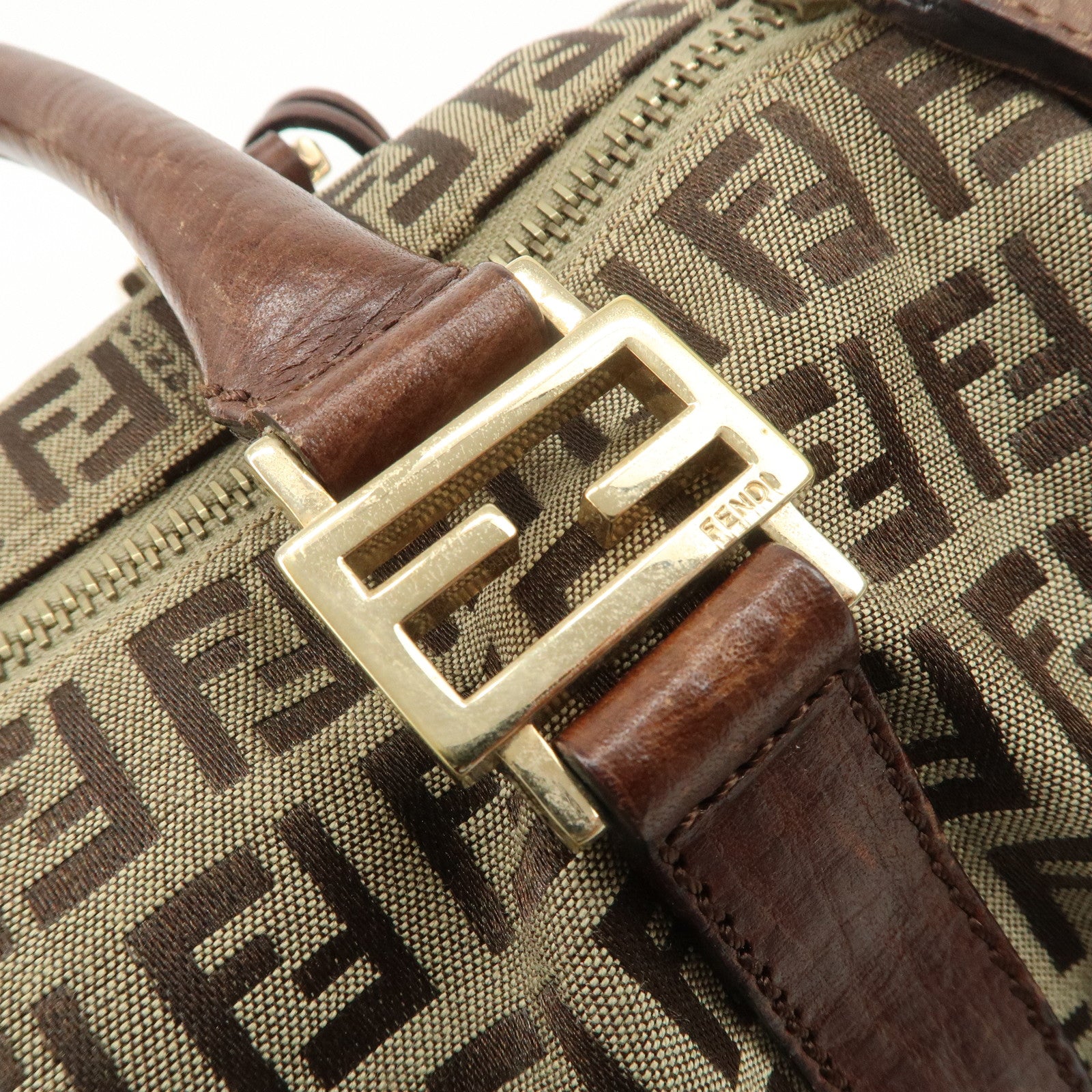 FENDI Zucchino Canvas Leather Boston Bag Brown Beige 8BL068 Used