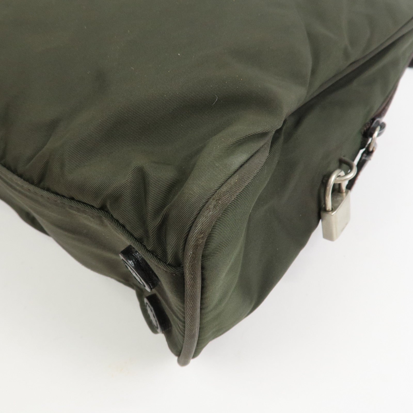 PRADA Triangle Logo Nylon Brief Case Tote Bag Khaki B8493