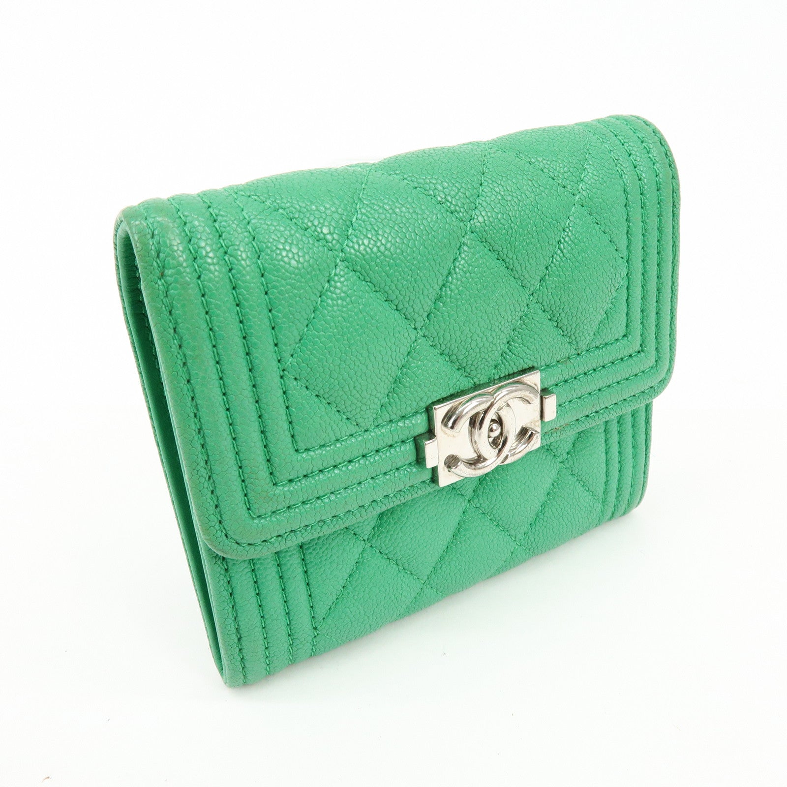 CHANEL Boy Chanel COCO Mark Caviarskin Compact Wallet Green