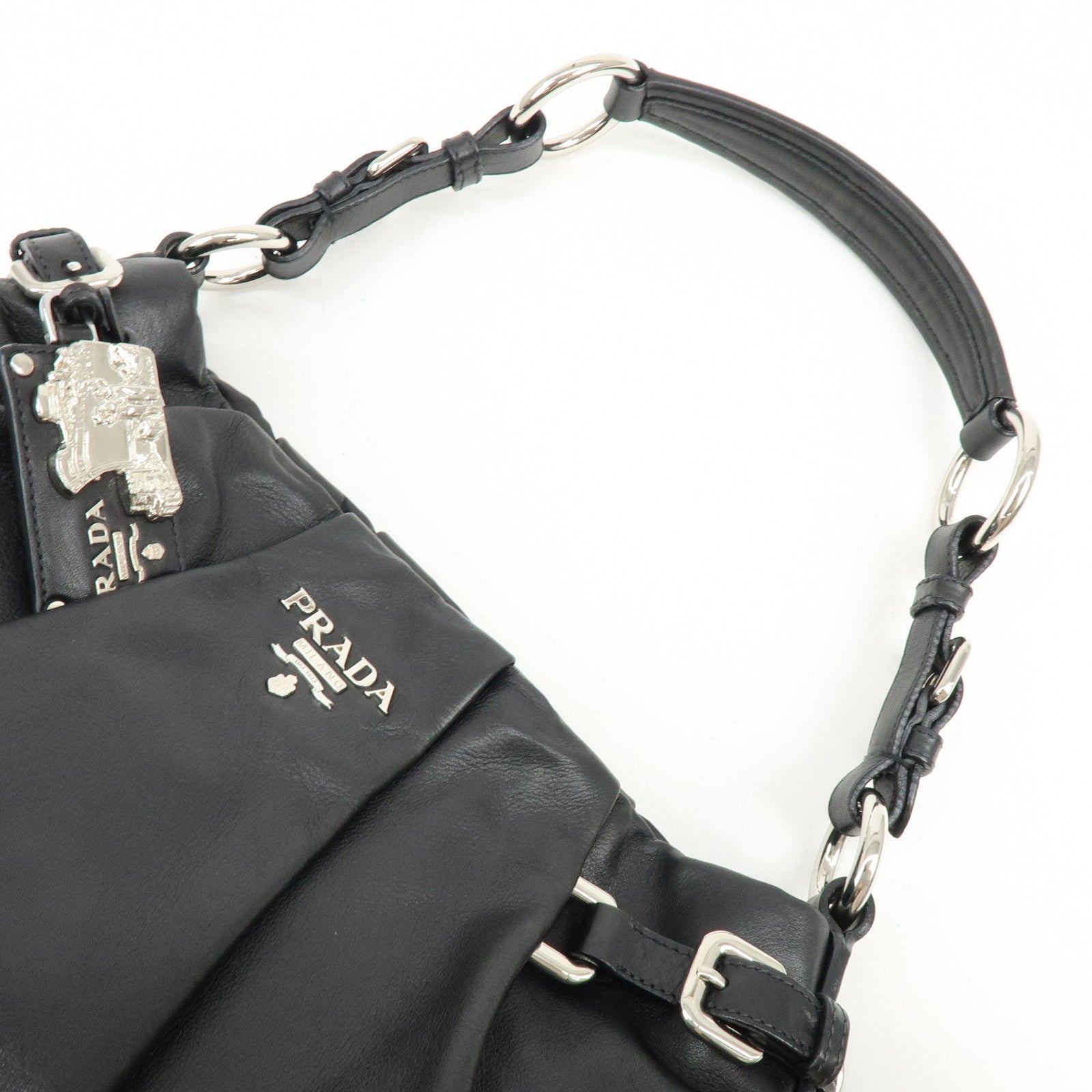 PRADA Logo Soft Calf Leather Side Belted Shoulder Bag Black BR3975