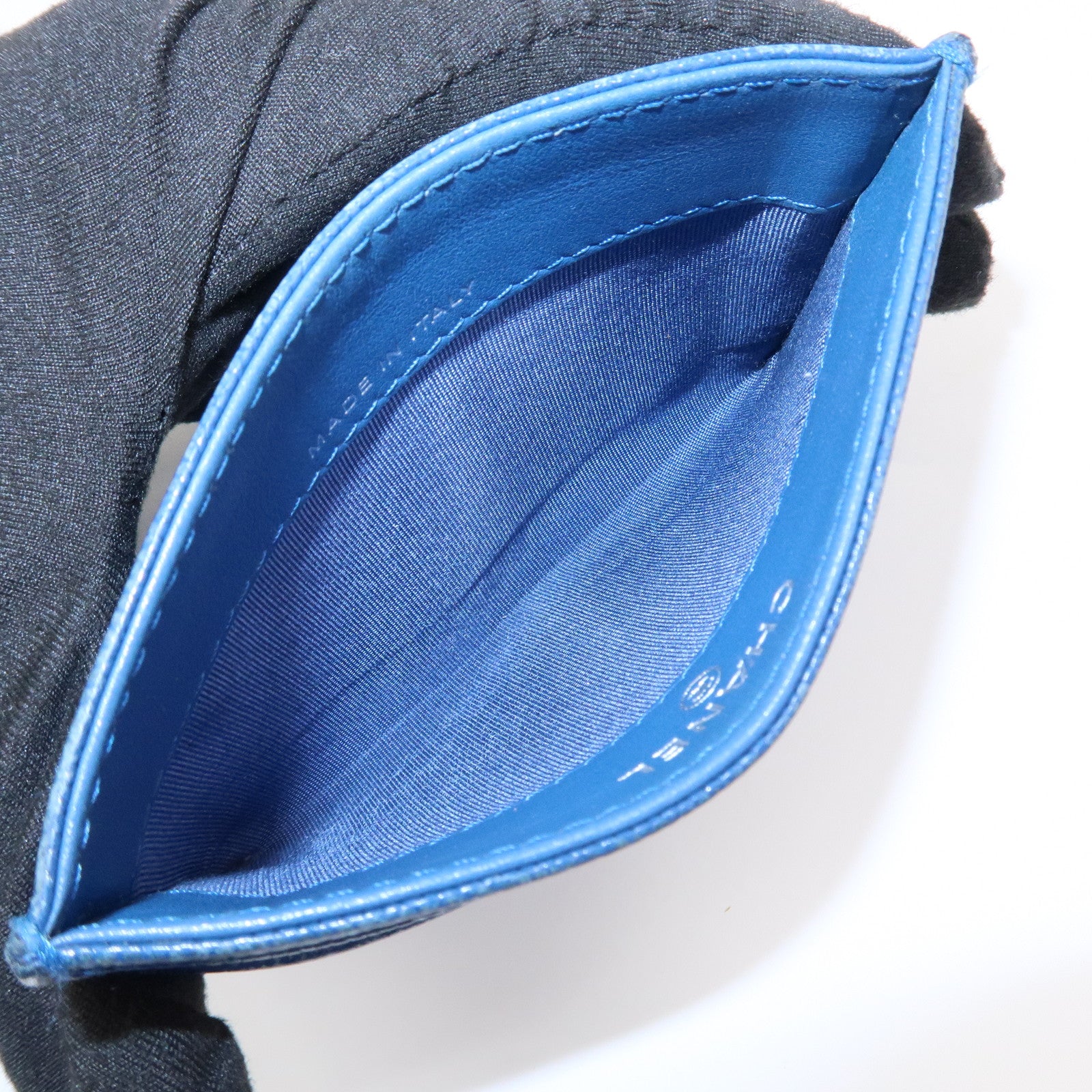 CHANEL Logo Caviarskin Leather Card Case Card Holder Blue