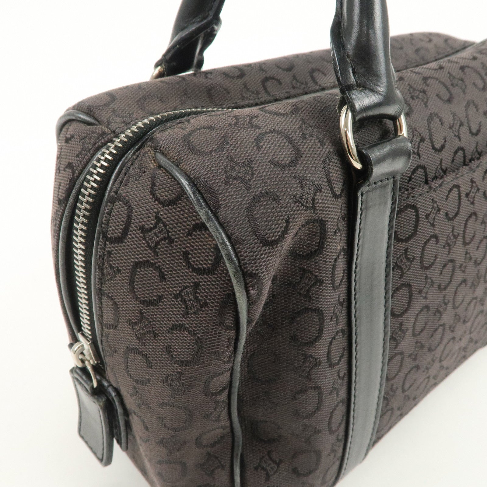 CELINE C Macadam Canvas Leather Boston Bag Hand Bag Black