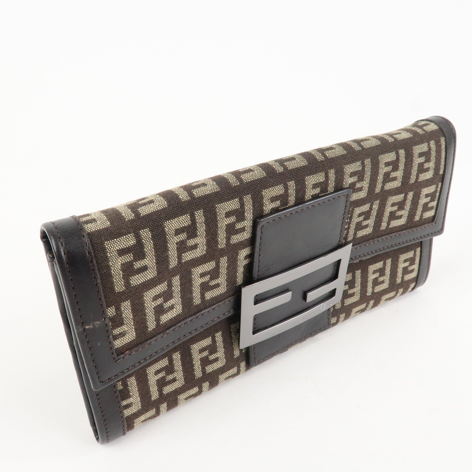 FENDI Zucchino Canvas Leather Bi-Fold Long Wallet Dark Brown 8M0021 Used