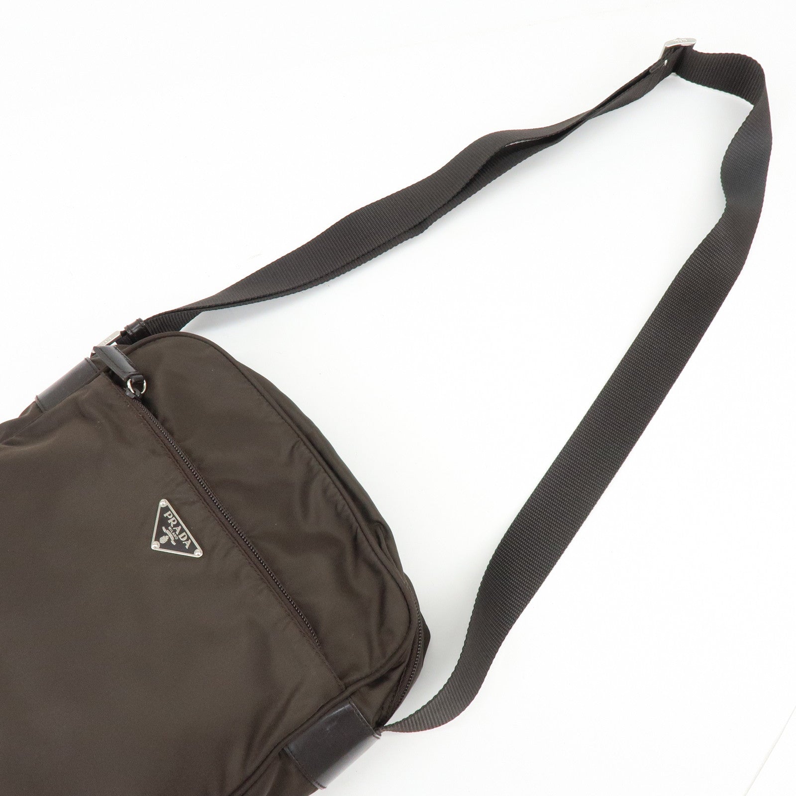 PRADA Triangle Logo Nylon Leather Shoulder Crossbody Bag Brown