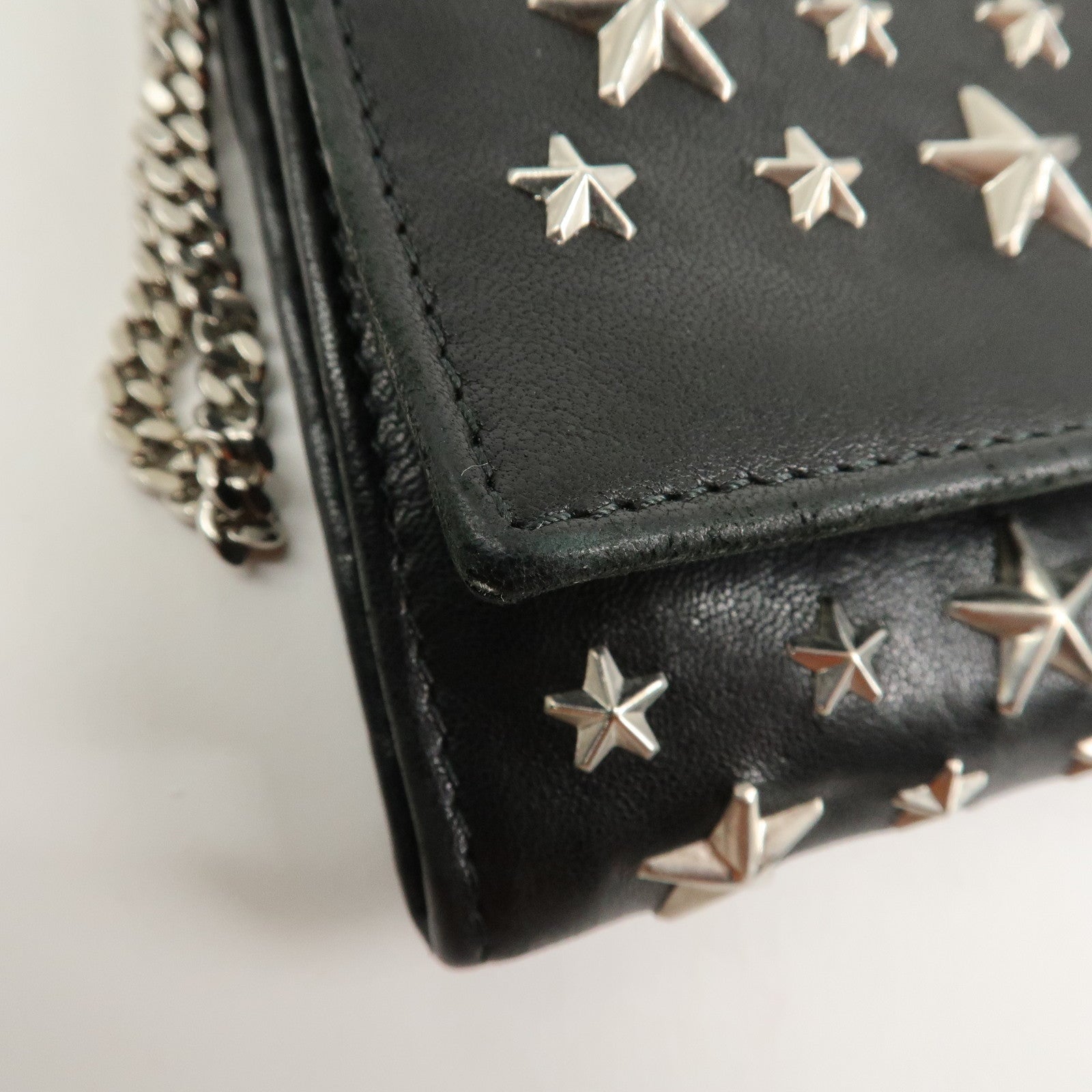 JIMMY CHOO Leather Studs Chain Wallet Shoulder Bag Black Used