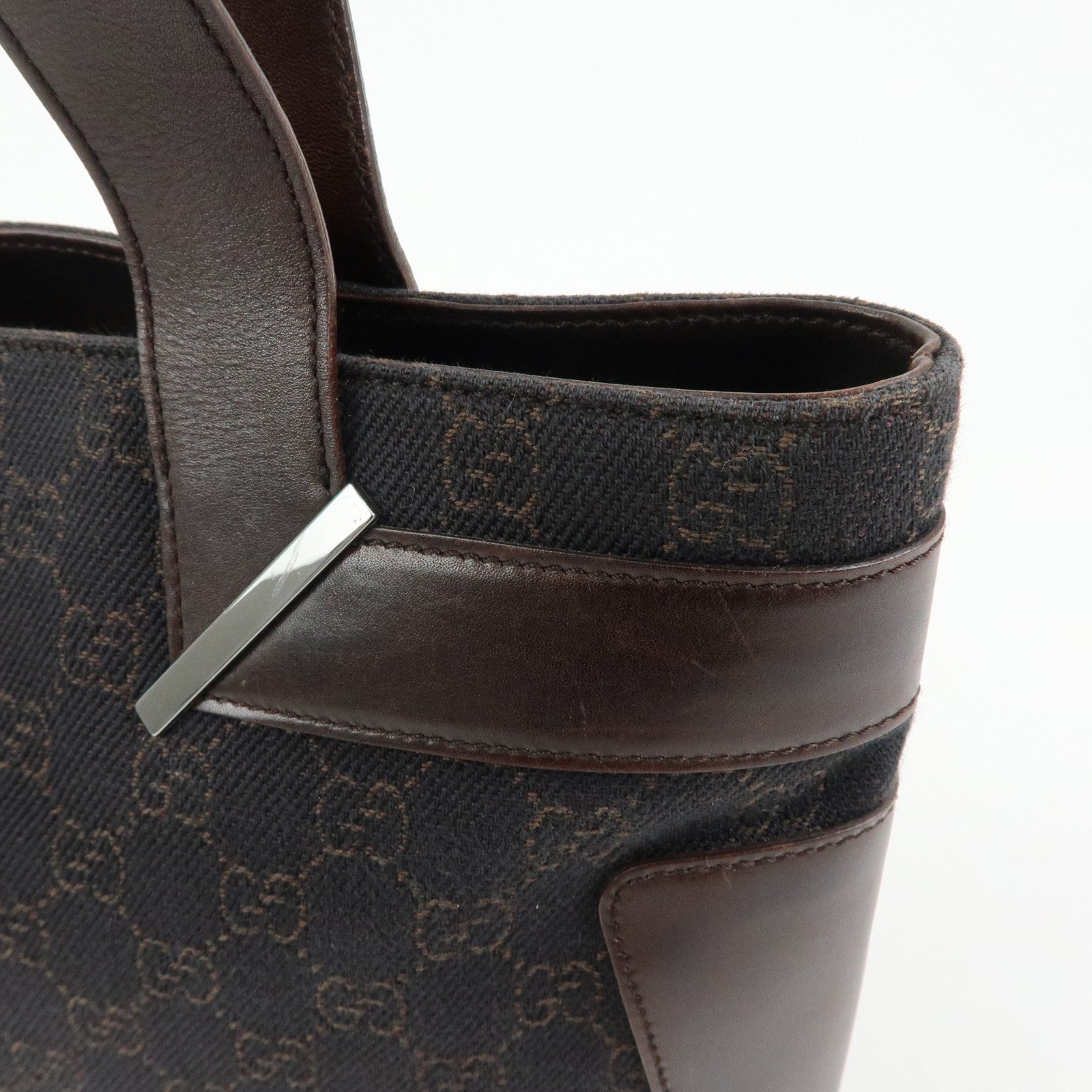 GUCCI GG Canvas Leather Hand Bag Tote Bag Dark Brown 73983