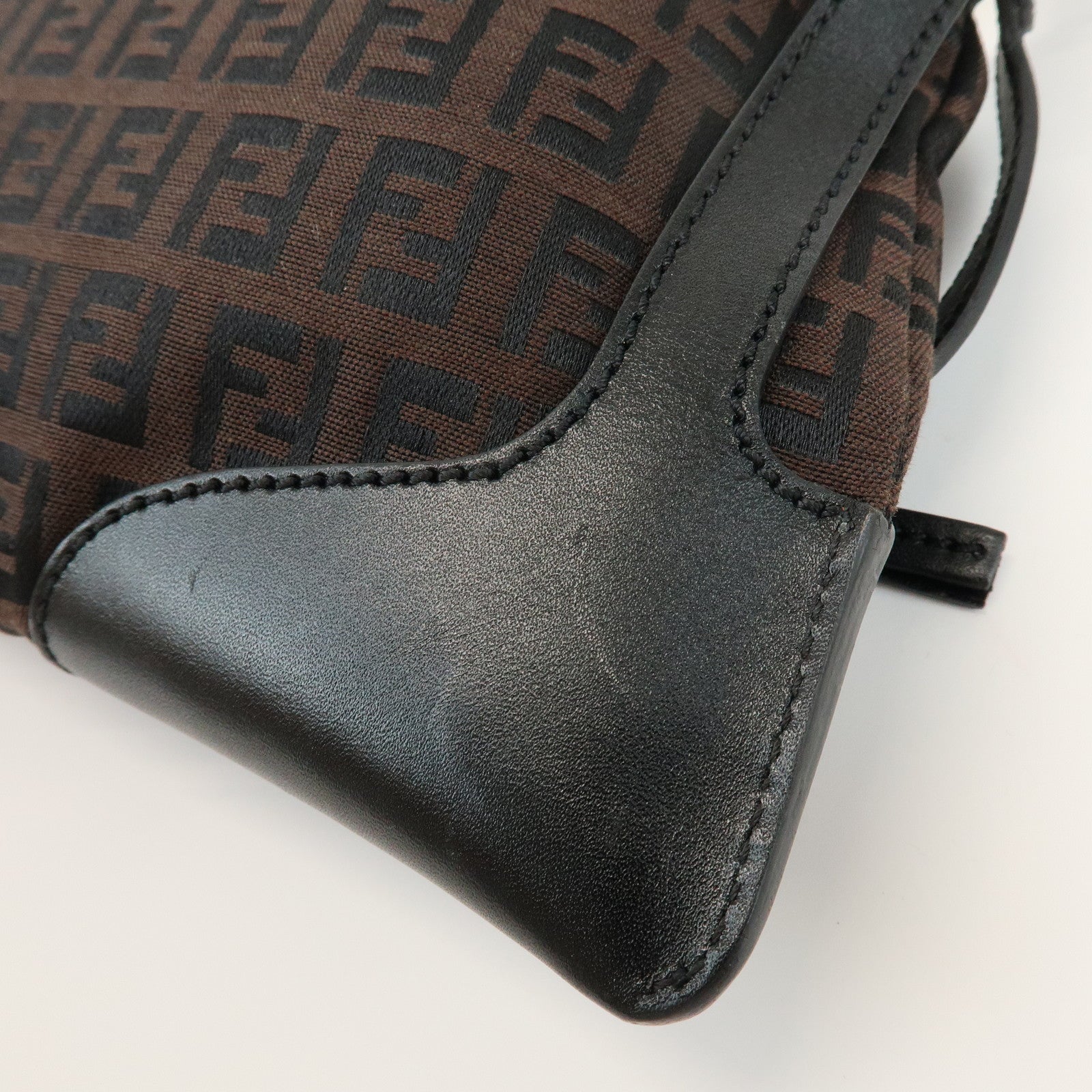 FENDI Zucchino Logo Canvas Leather Black Shoulder Bag Brown 8BR464