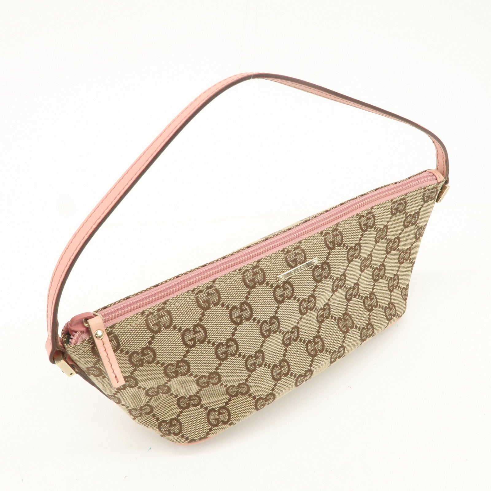 GUCCI Boat Bag GG Monogram Canvas Leather Hand Bag Brown Pink 07198