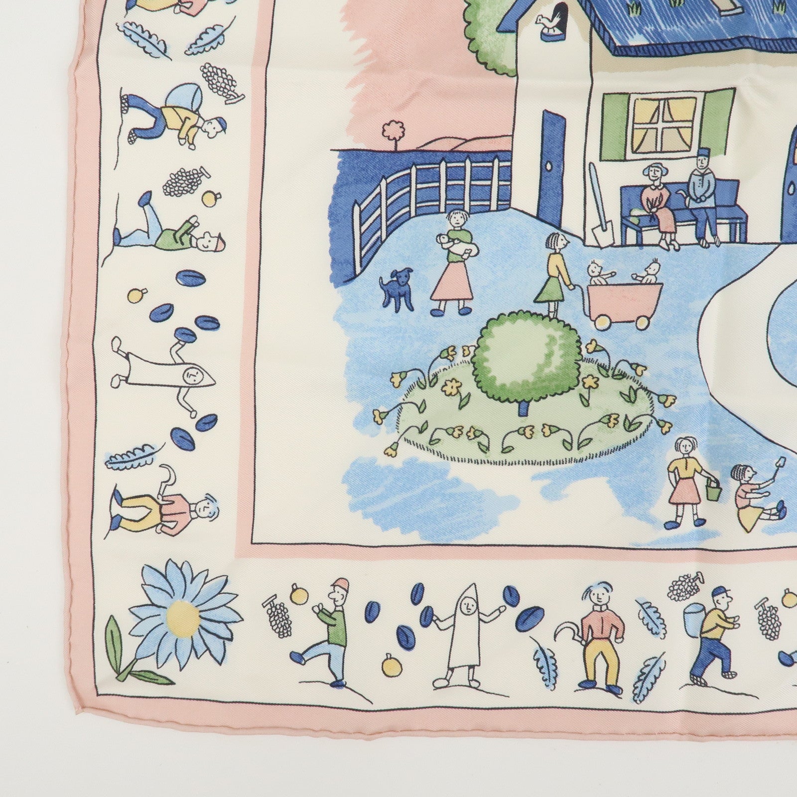 HERMES Carré45 RE TOUR A LA TERRE Scarf Silk 100% Ivory Pink