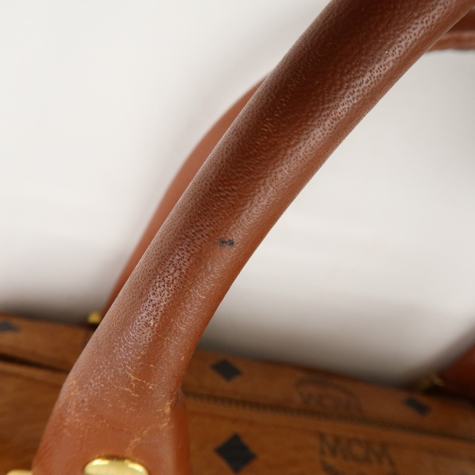 MCM Visetos Leather Boston Bag Hand Bag Brown Gold Hardware Used