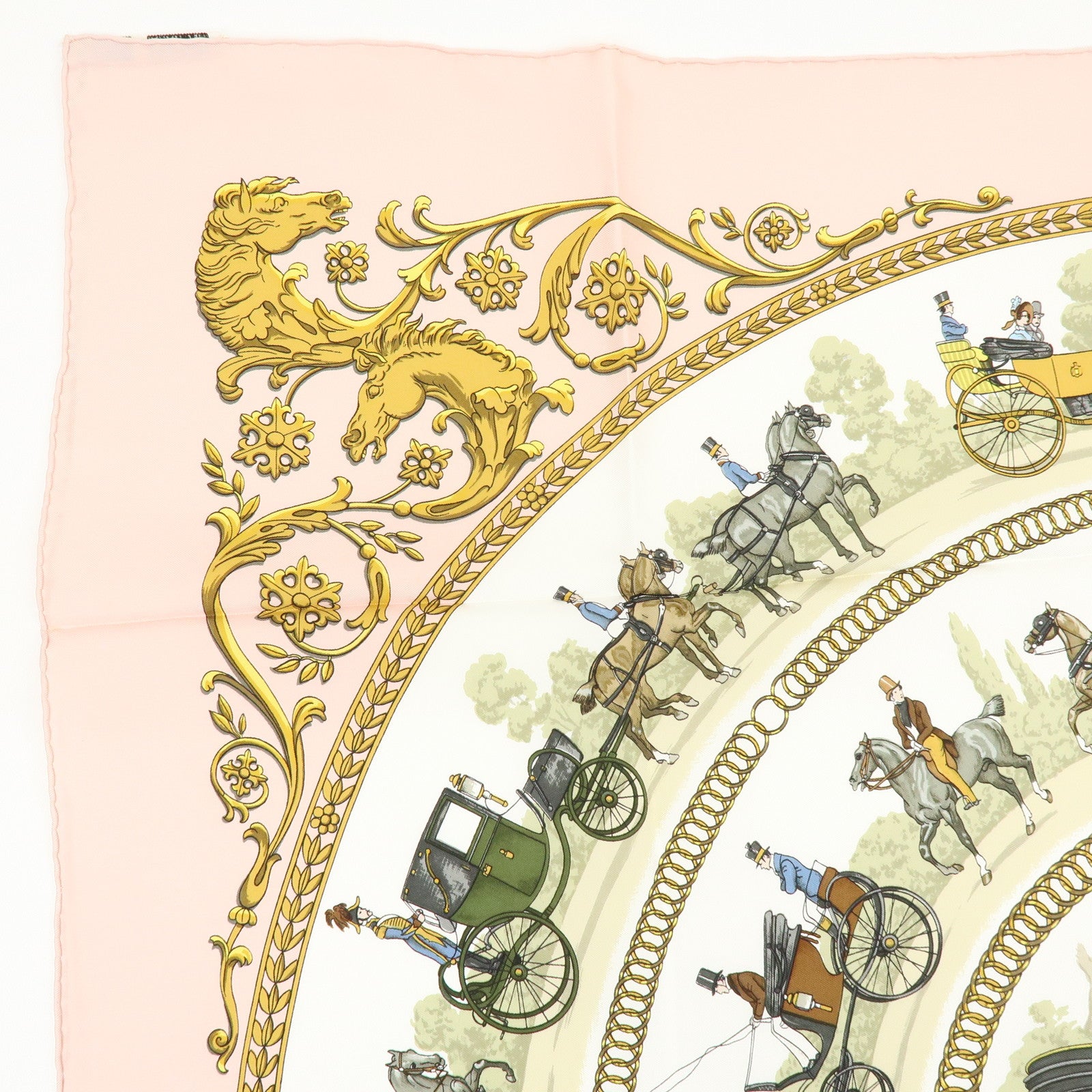 HERMES Carre 90 Silk 100% Scarf LA PROMENADE DE LONGCHAMPS Pink