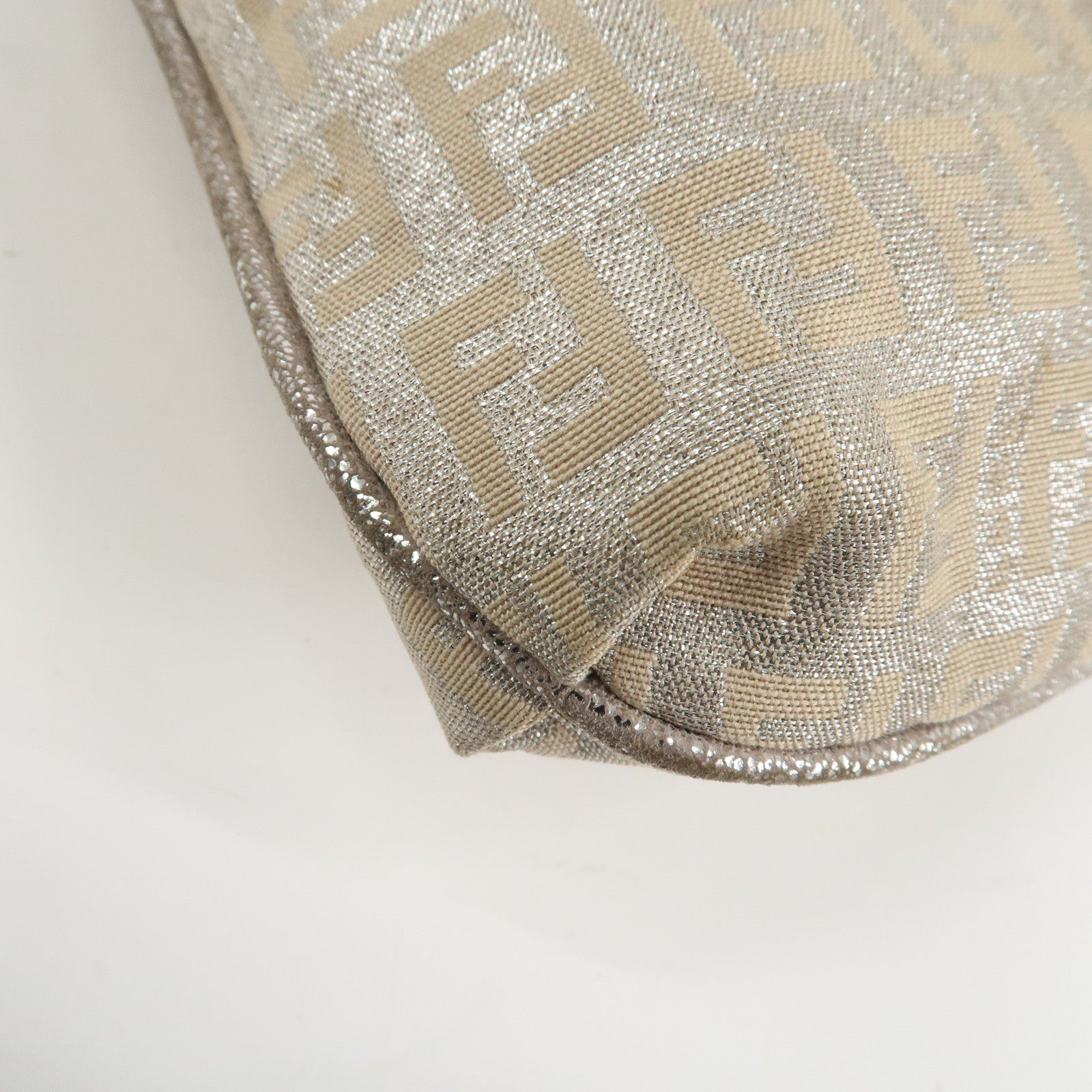FENDI Zucchino Canvas Leather Shoulder Bag Silver Beige 8BT075