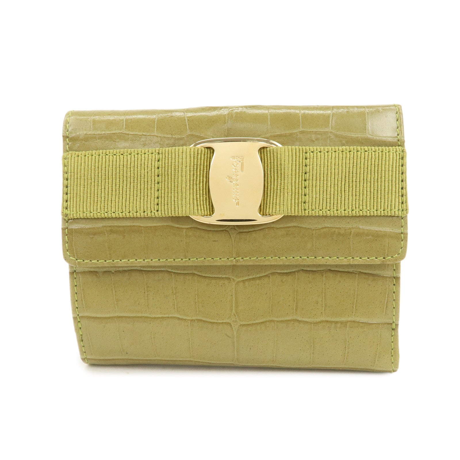 Ferragamo Vara Logo Embossed Leather Compact Wallet Light Green