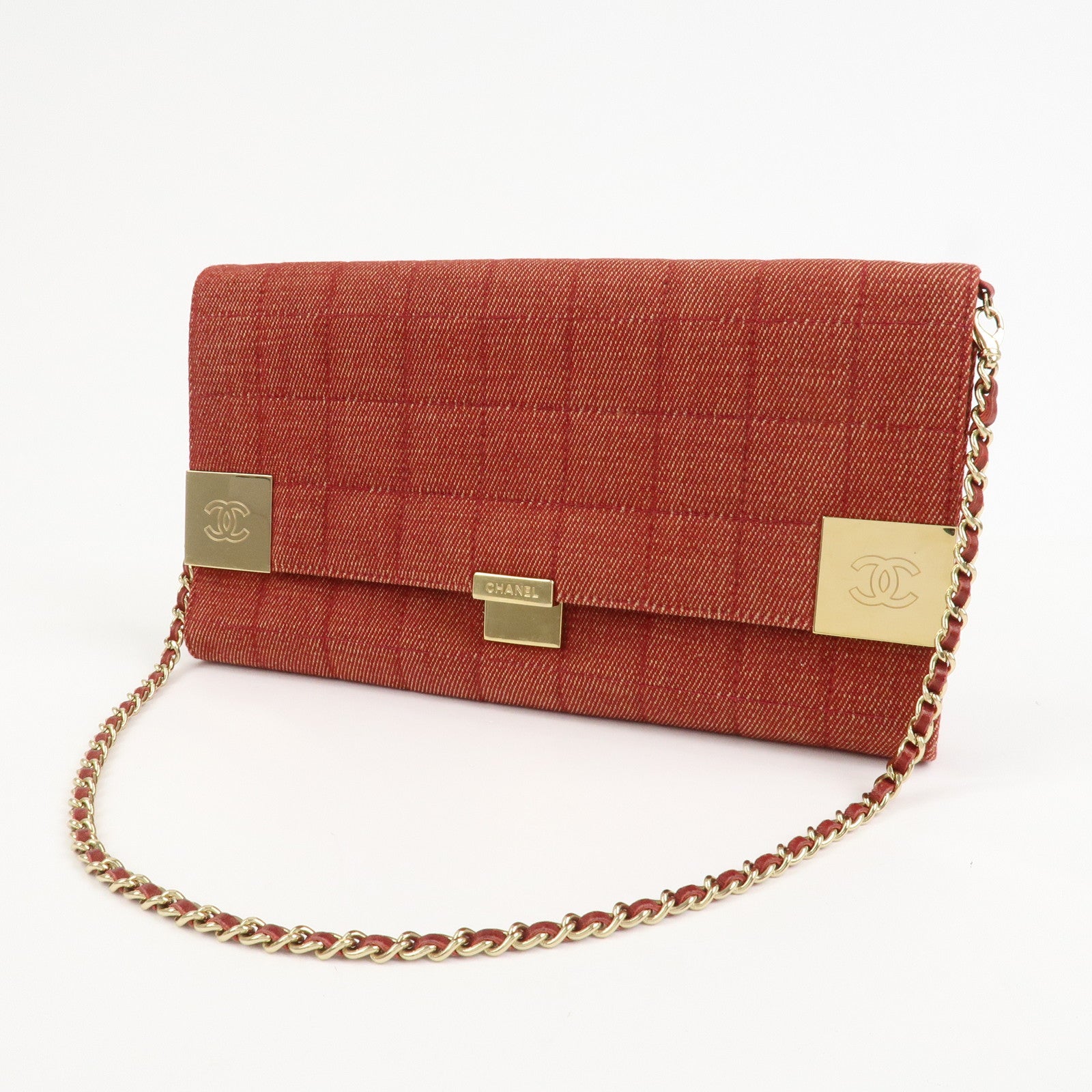 CHANEL Denim Lamb Skin Leather Chain Shoulder Bag Red