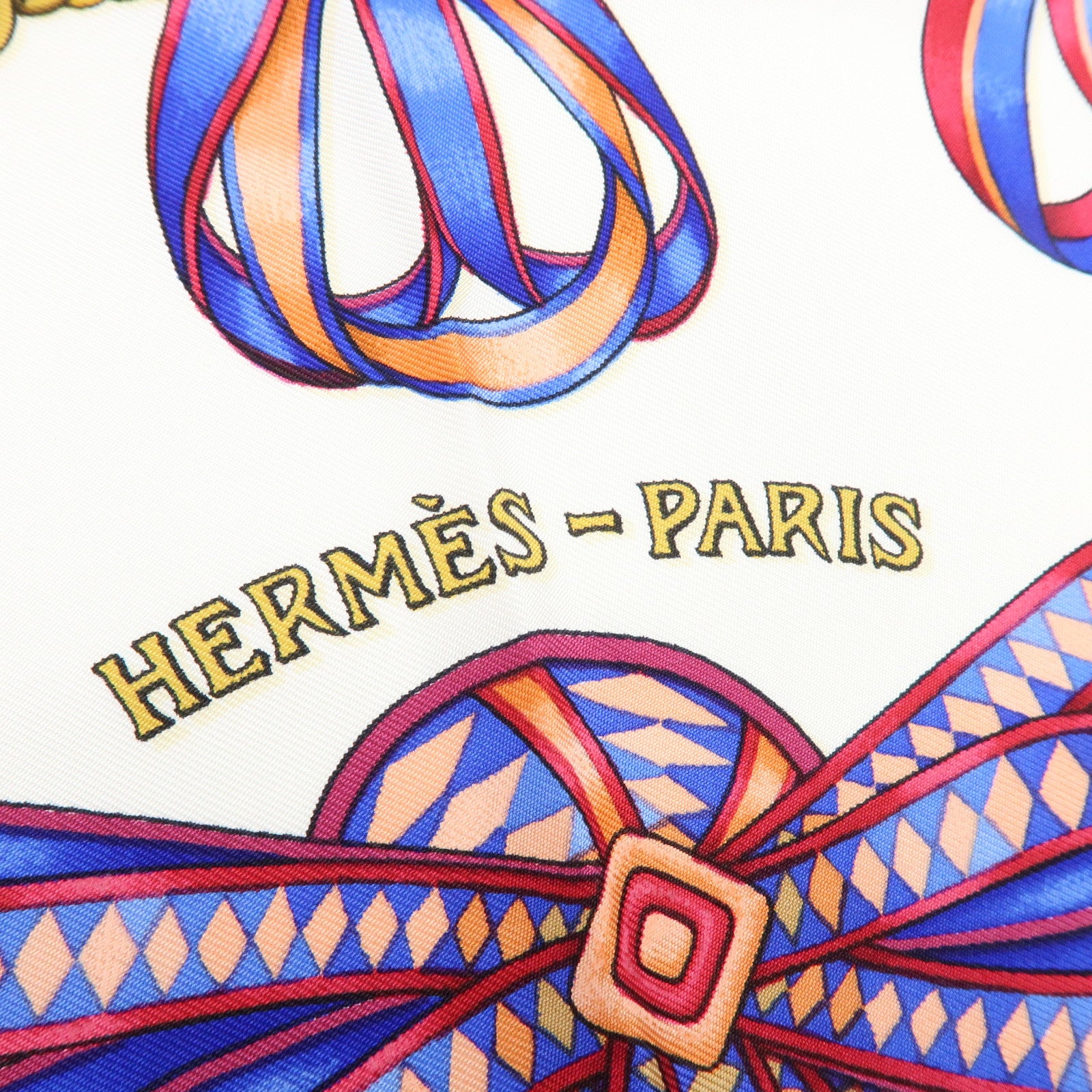HERMES Carre 90 Silk 100% Scarf LES RUBANS DU CHEVAL Navy Gold