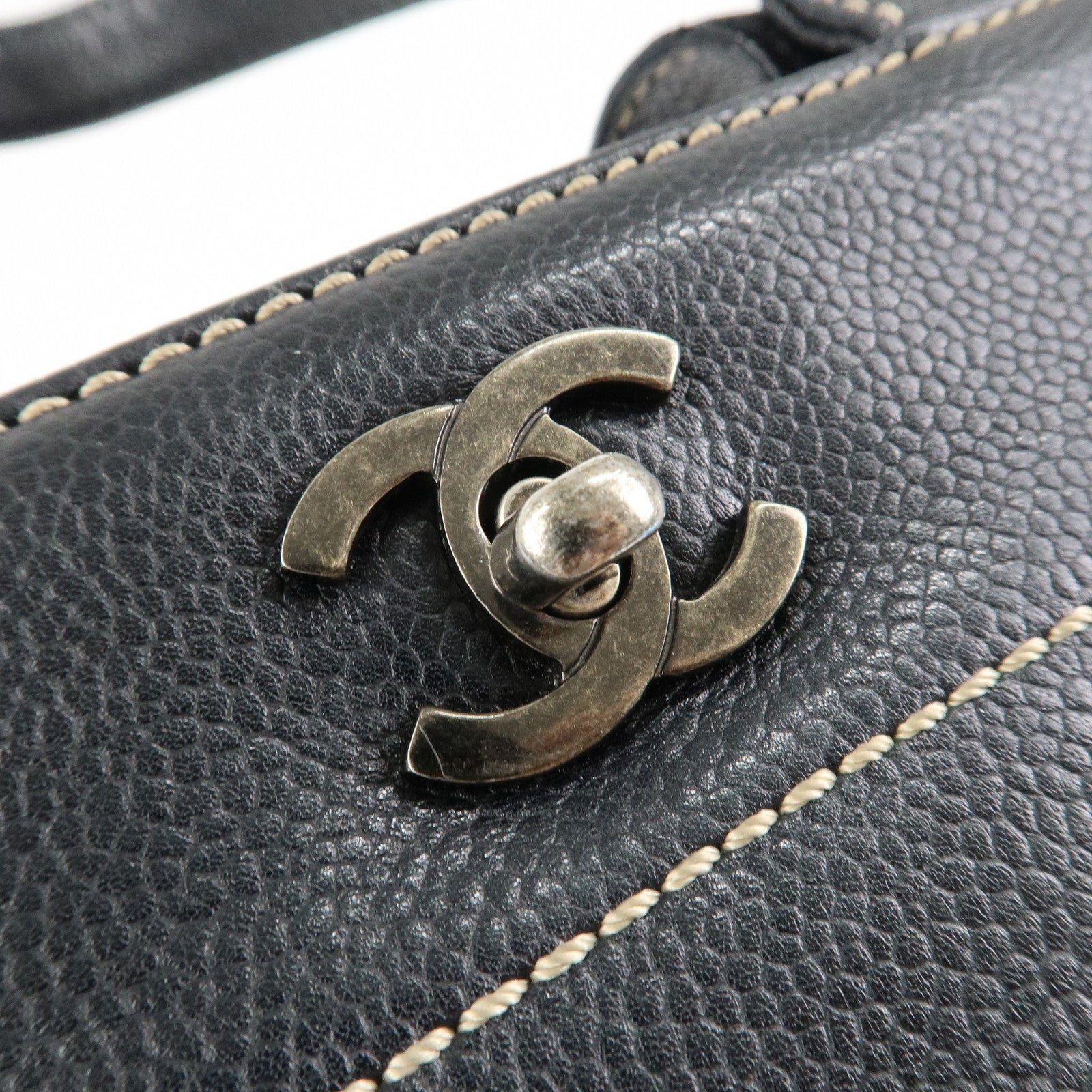 CHANEL Caviarskin COCO Mark Turn Lock 2Way Hand Bag Black Used