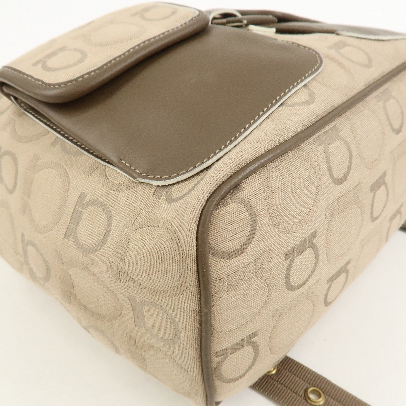 Ferragamo Gancini Canvas Leather Backpack Rucksuck Beige