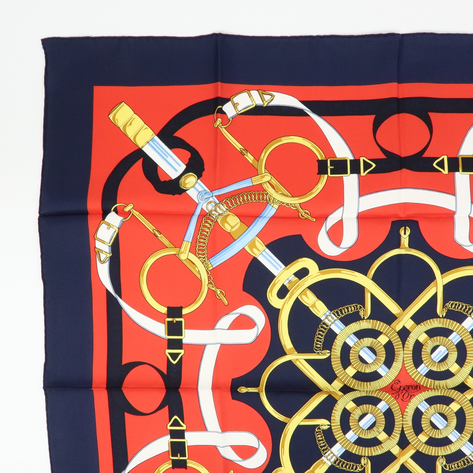 HERMES Carre 90 Silk 100% Scarf Eperon d'or Navy Red Gold