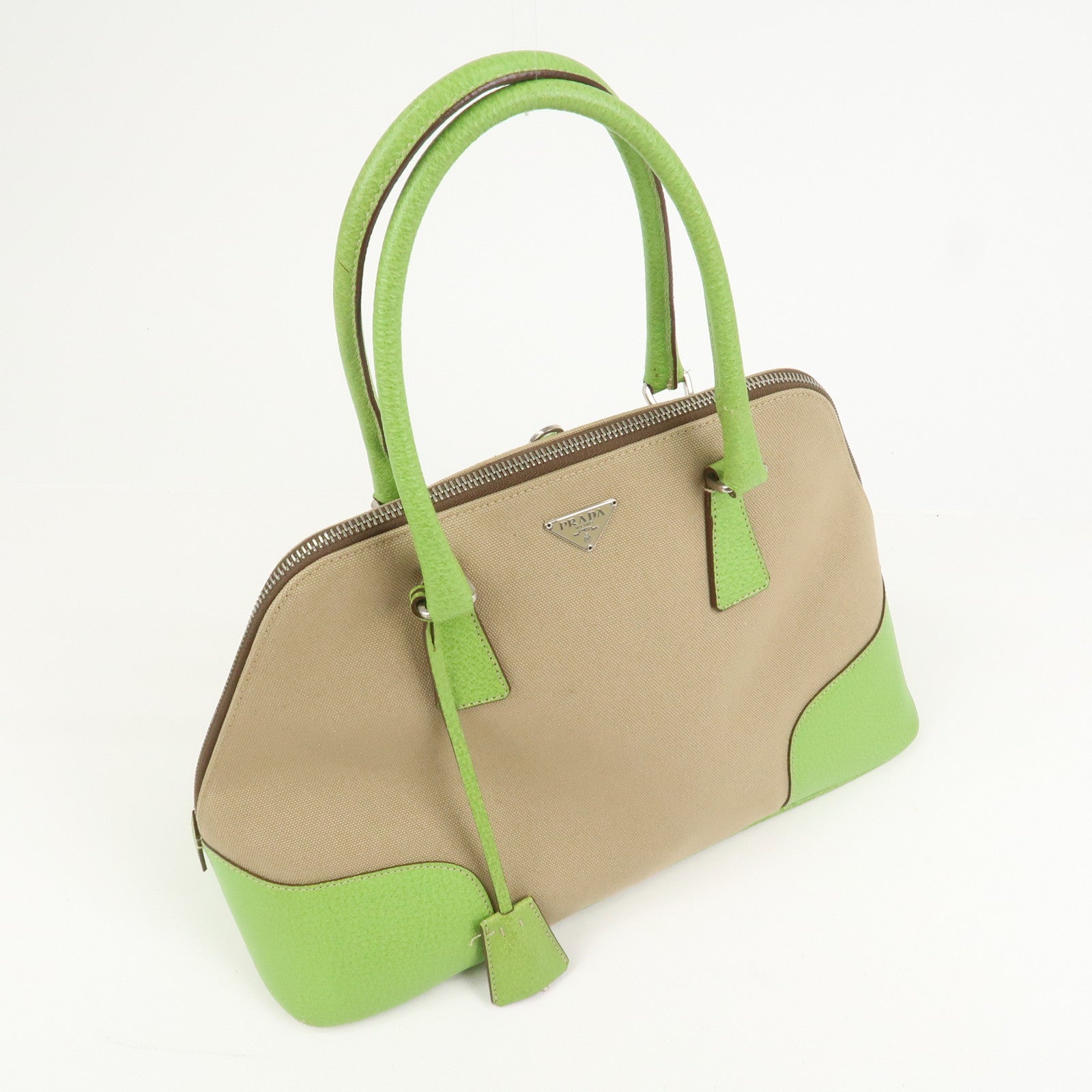 PRADA Canvas Leather Tote Bag Hand Bag Beige Light Green BN0082