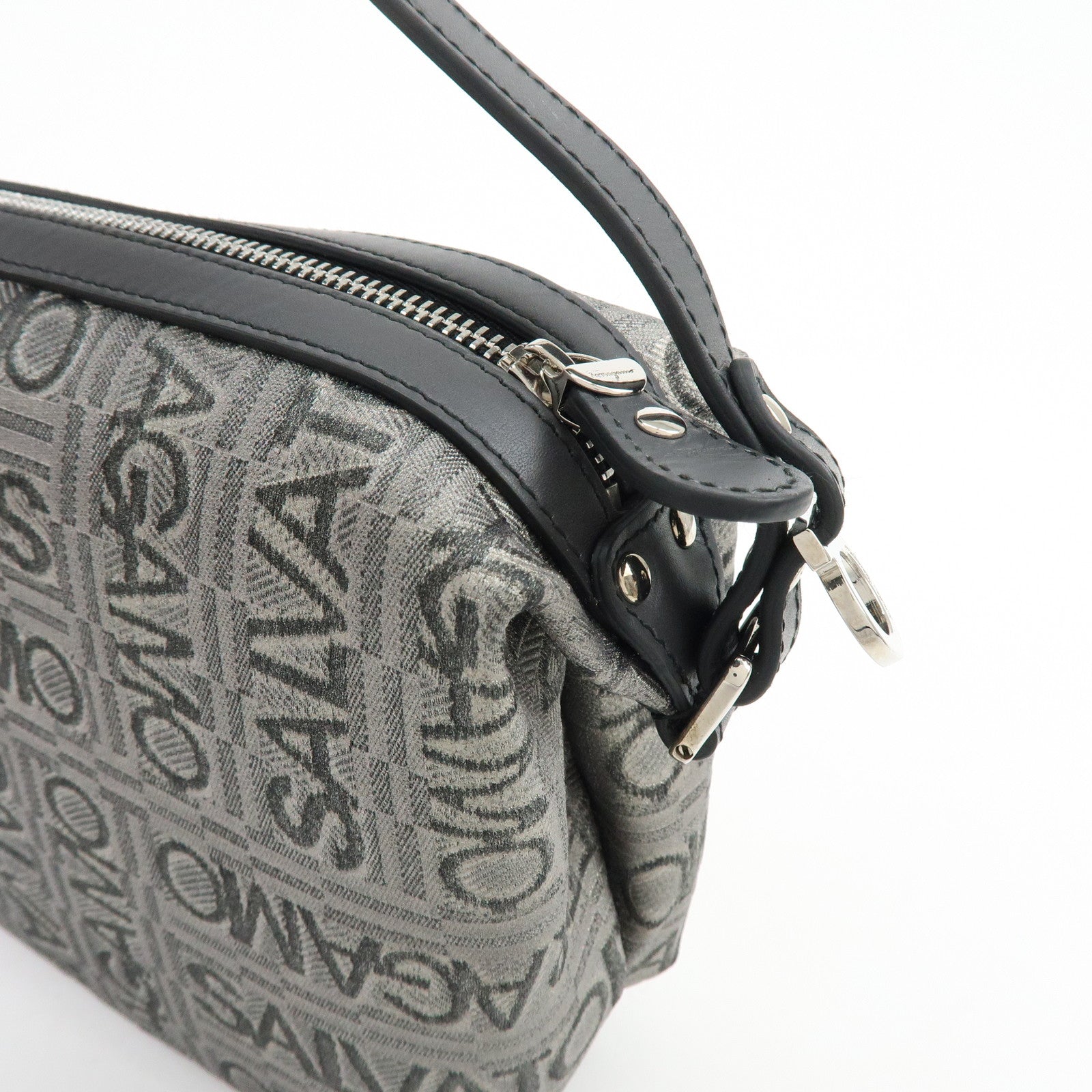 Ferragamo Gancini Logo Canvas Leather Hand Bag Pouch Silver Black