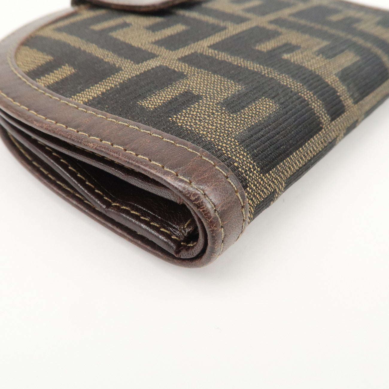 FENDI Zucca Canvas Leather Compact Wallet Black Brown 01223